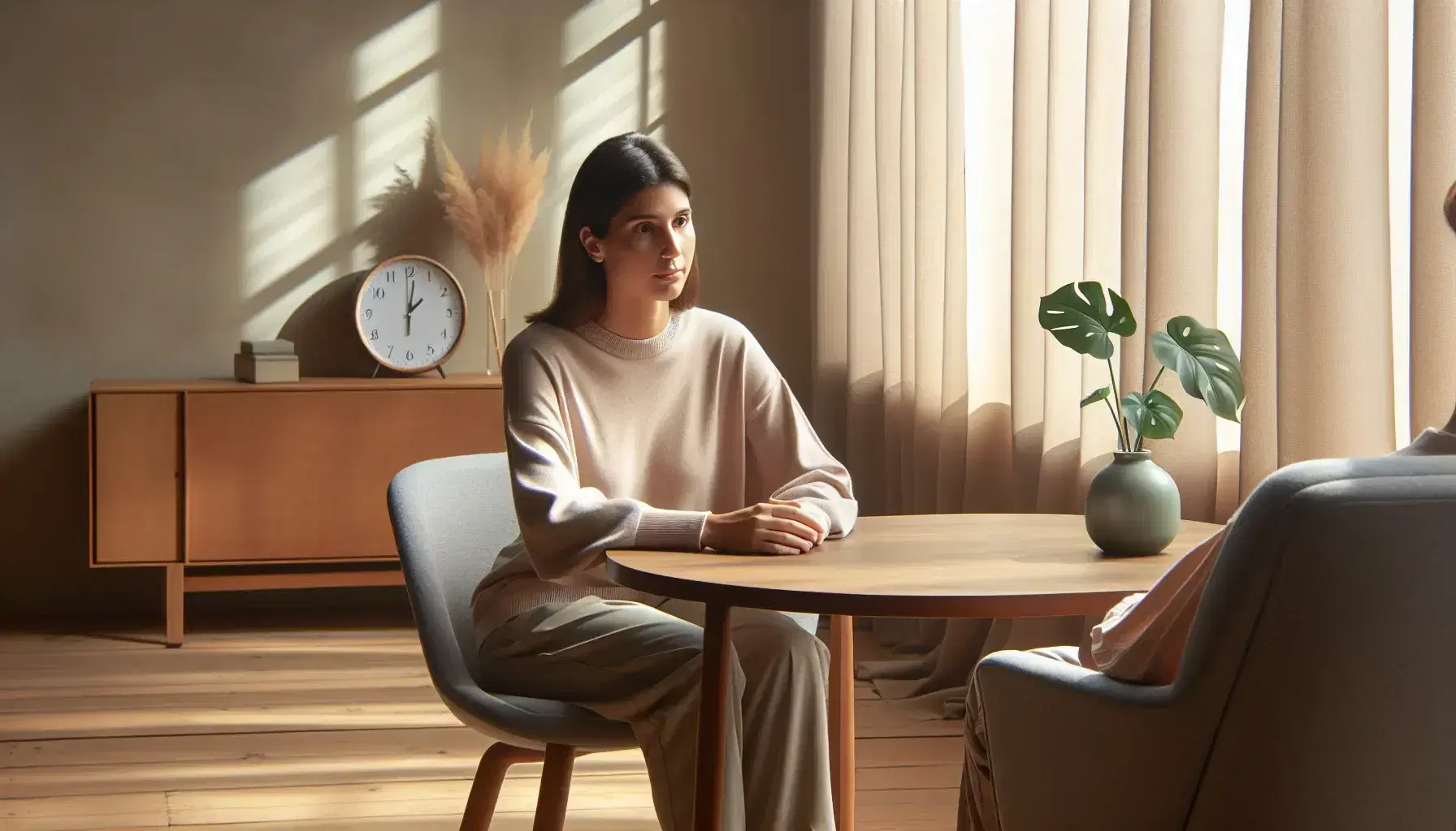 Relaxing therapy session with therapist in pastel shirt and client in soft top, light wooden table and natural light from large window.