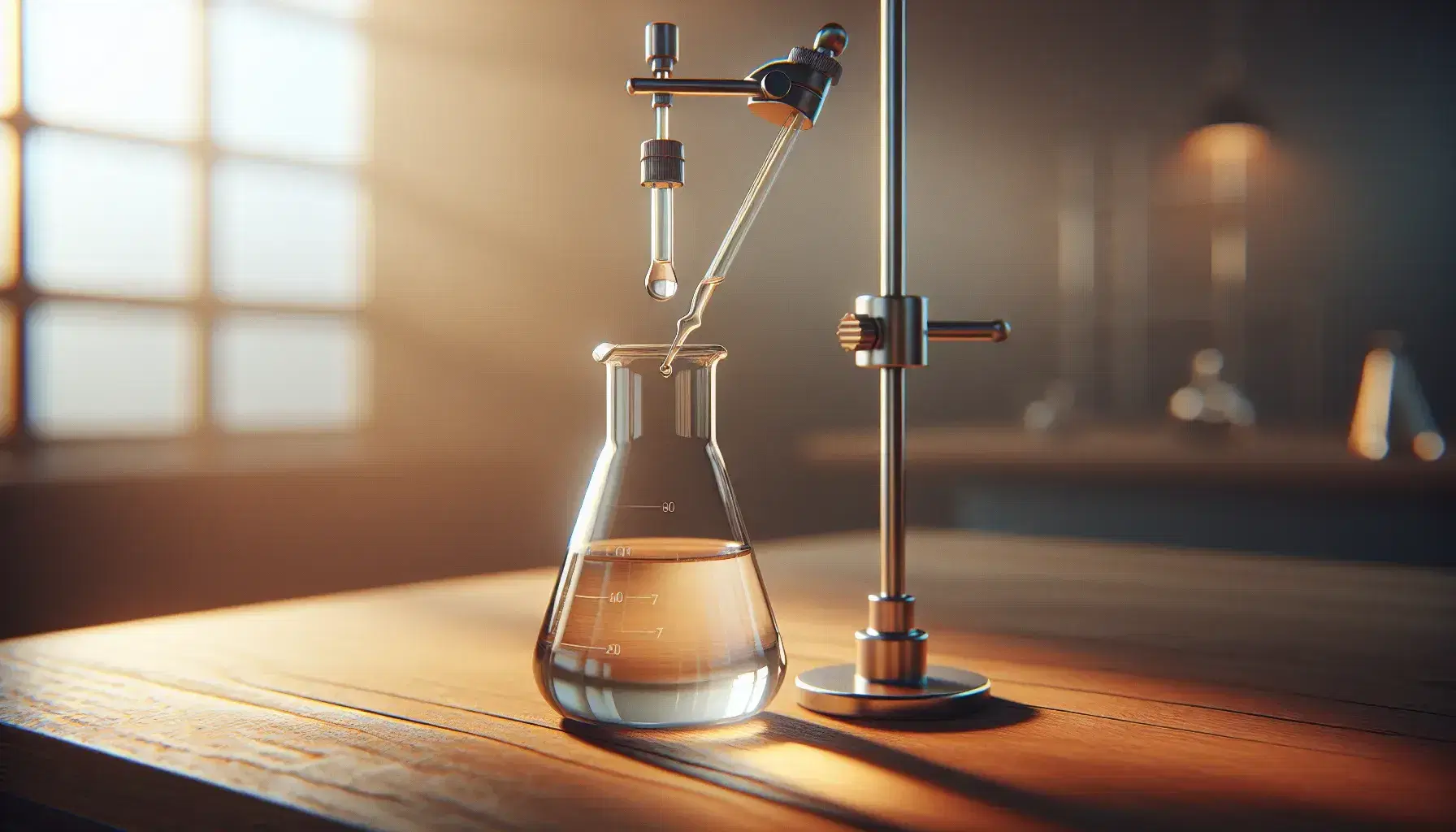 Glass flask on laboratory bench with amber liquid and dropper ready to release a drop, in blurred laboratory environment.