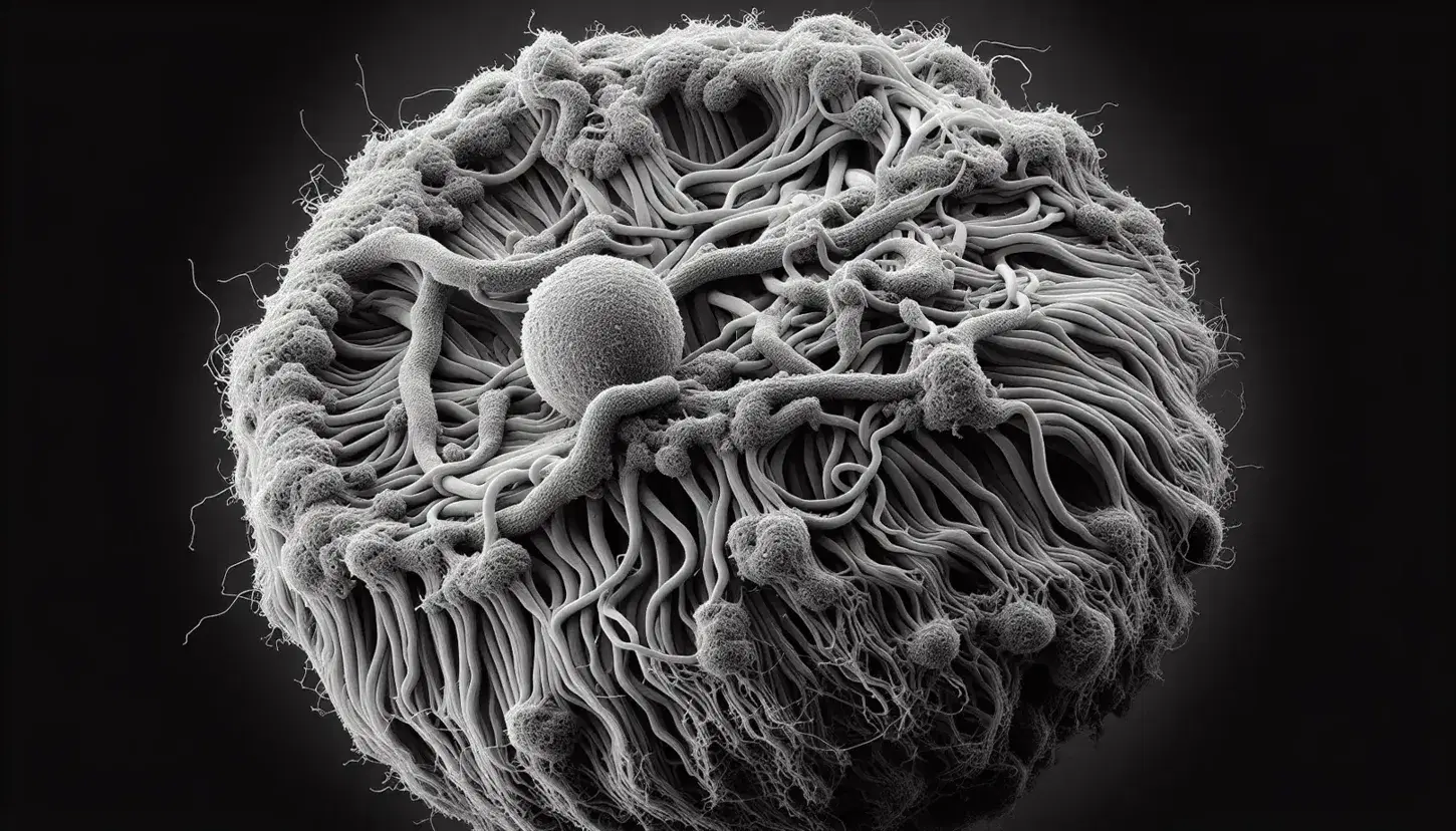 Micrografía electrónica de barrido en escala de grises mostrando la textura de un hongo filamentoso con hifas entrelazadas y una espora central.