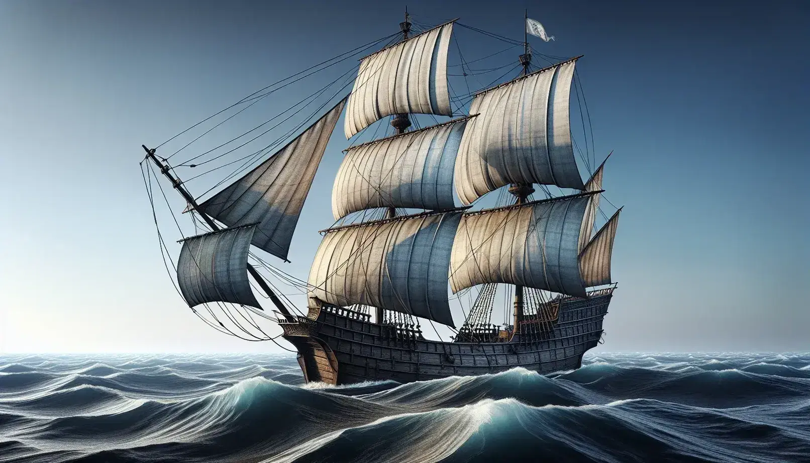 Caravella del XV secolo con vele quadre al vento naviga in mare aperto, riflessi chiaroscurali sull'acqua azzurra, cielo quasi sereno.