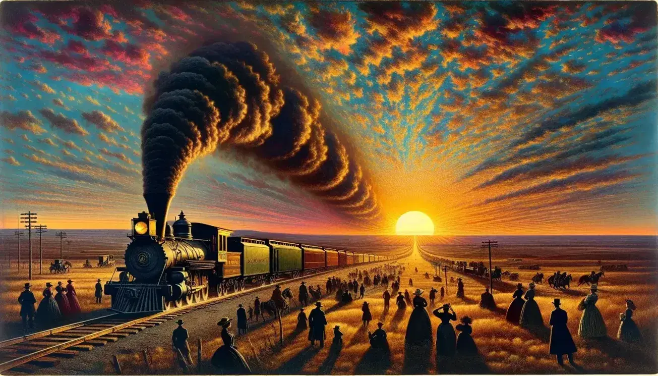 Treno a vapore attraversa le Grandi Pianure americane al tramonto, con persone in abiti d'epoca e strutture in legno sullo sfondo.