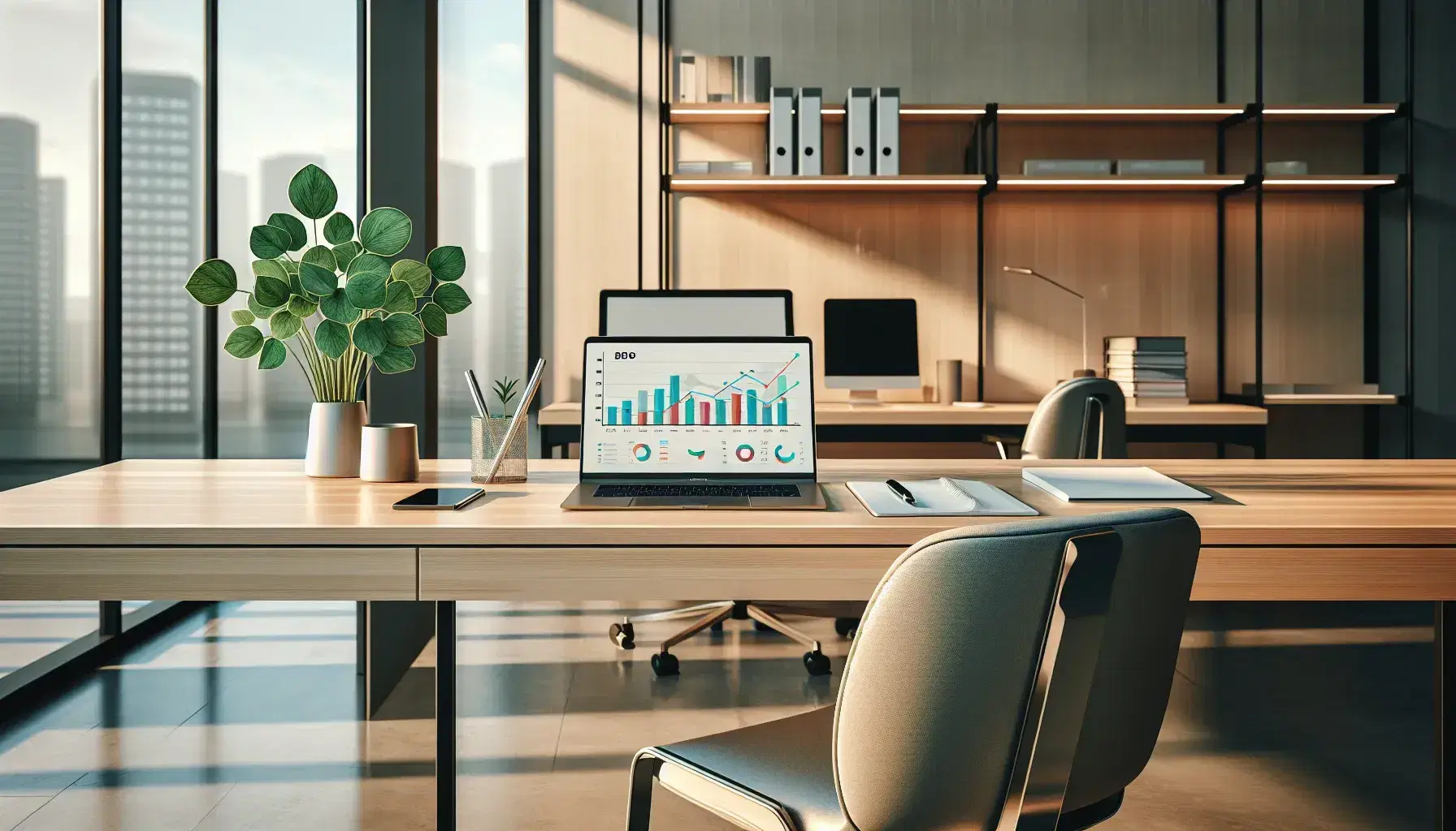 Oficina moderna y luminosa con escritorio de madera, silla ergonómica gris, portátil con gráficos, planta y estantería con carpetas.
