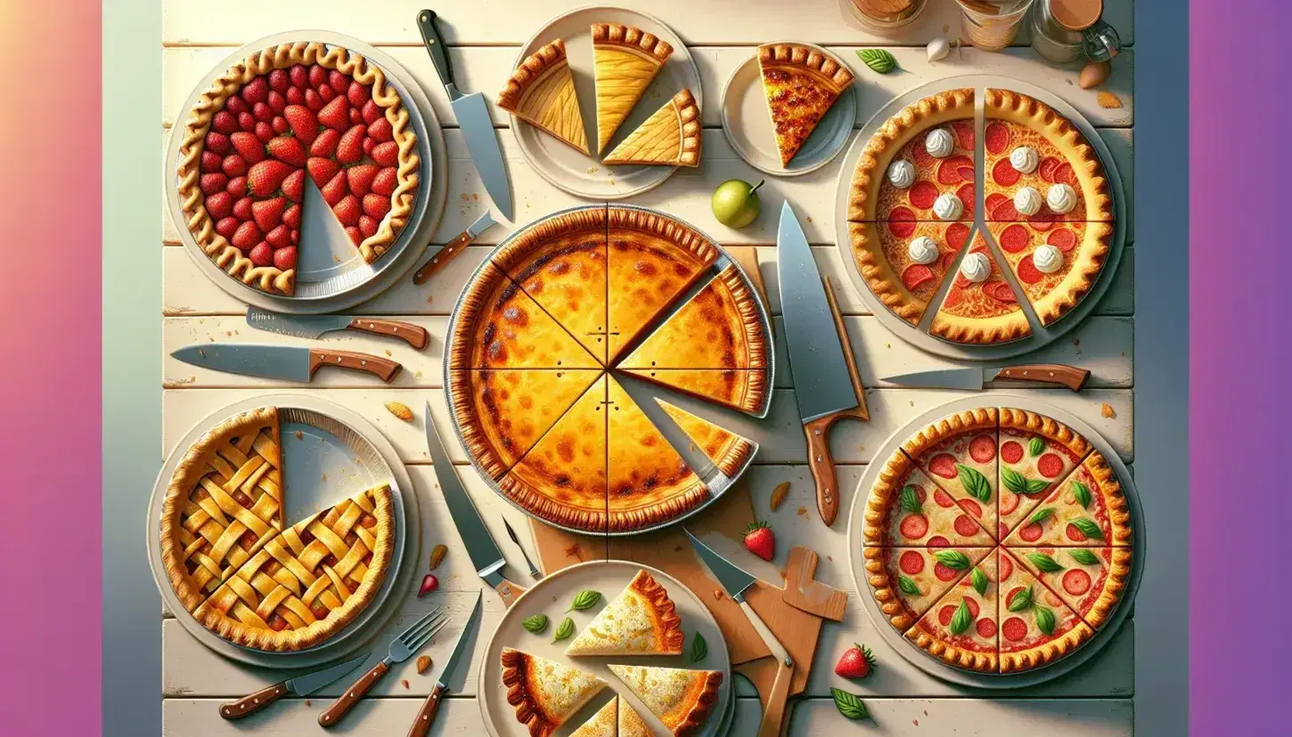 Varietà di torte e pizze tagliate in porzioni su tavolo in legno chiaro con coltelli da cucina, senza persone.