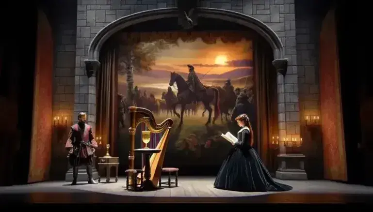 Scena teatrale medievale con donna in abito blu che legge spartito e cavaliere in tunica rossa, arpa dorata e calice su tavolo, orchestra in primo piano.