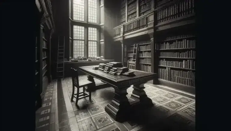 Antigua biblioteca con mesa de madera oscura y libros de tapa de cuero bajo la luz natural de una ventana, rodeada de estanterías repletas y escaleras deslizantes.