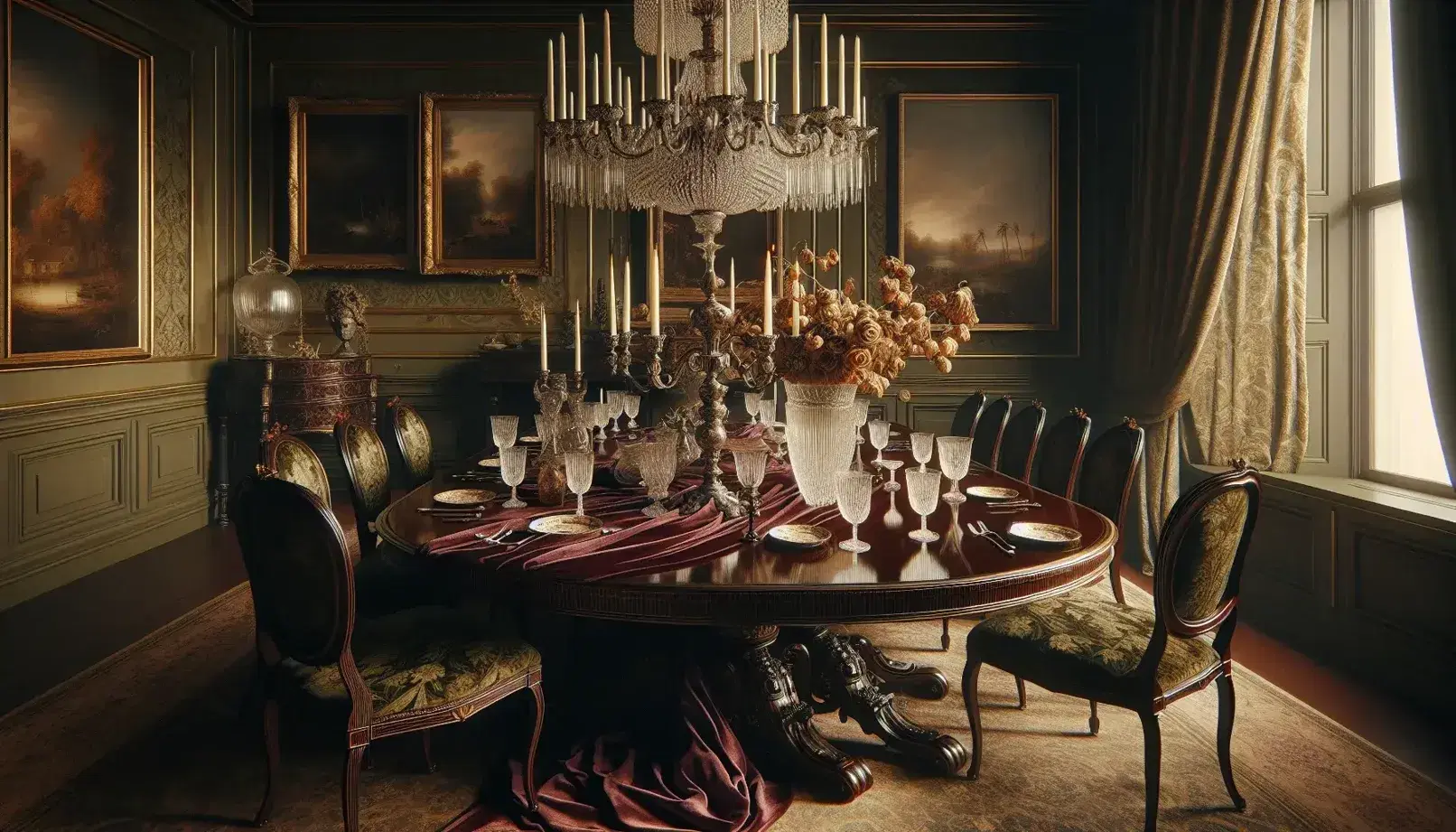 Sala da pranzo fine '800 con tavolo ovale in legno scuro, tovaglia velluto bordeaux, candelabro argento, fiori appassiti, bicchieri vuoti, sedie imbottite damasco, lampadario cristallo, pareti decorate, tappeto persiano, pianoforte nero.