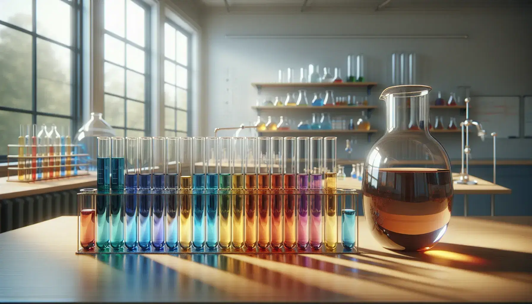Provette di vetro con liquidi colorati in sfumature dell'arcobaleno su scaffale chiaro in laboratorio, accanto a brocca con miscela marrone.
