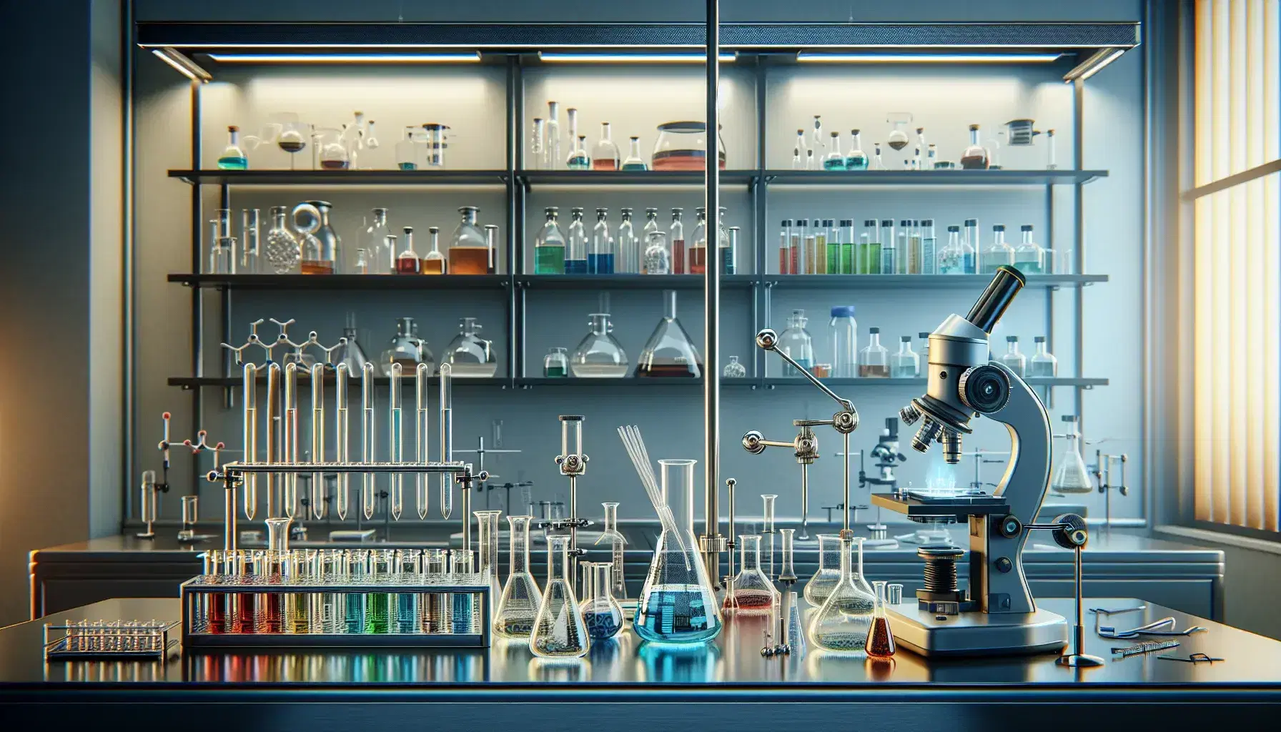 Laboratorio scientifico moderno con tavolo da lavoro, becher di vetro, pipette, bruciatore Bunsen acceso e microscopio elettronico.