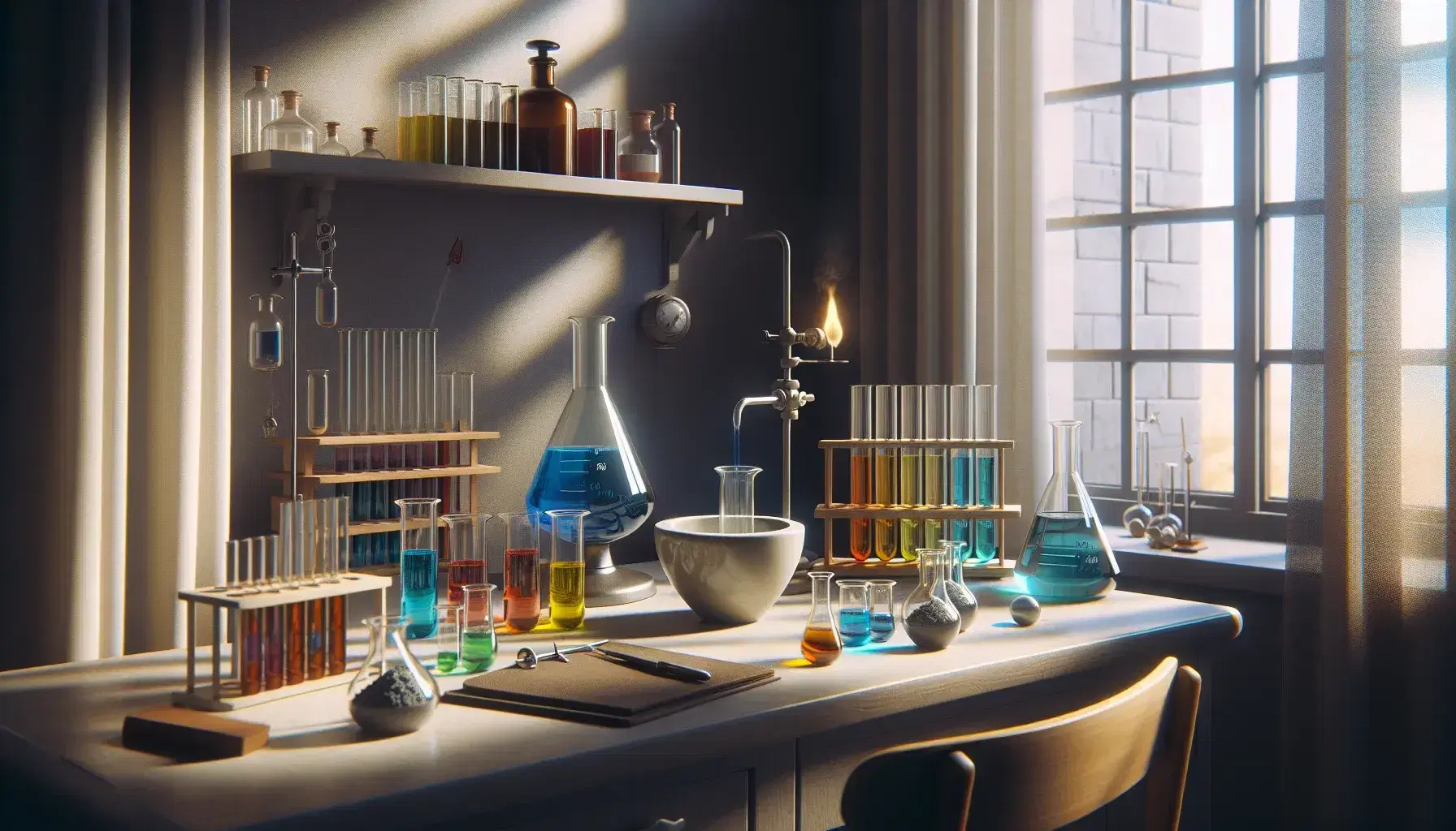 Laboratorio chimico con becher colorati, fiamma di Bunsen, provette, mortaio e pestello, bottiglie su scaffale, illuminato da luce naturale.