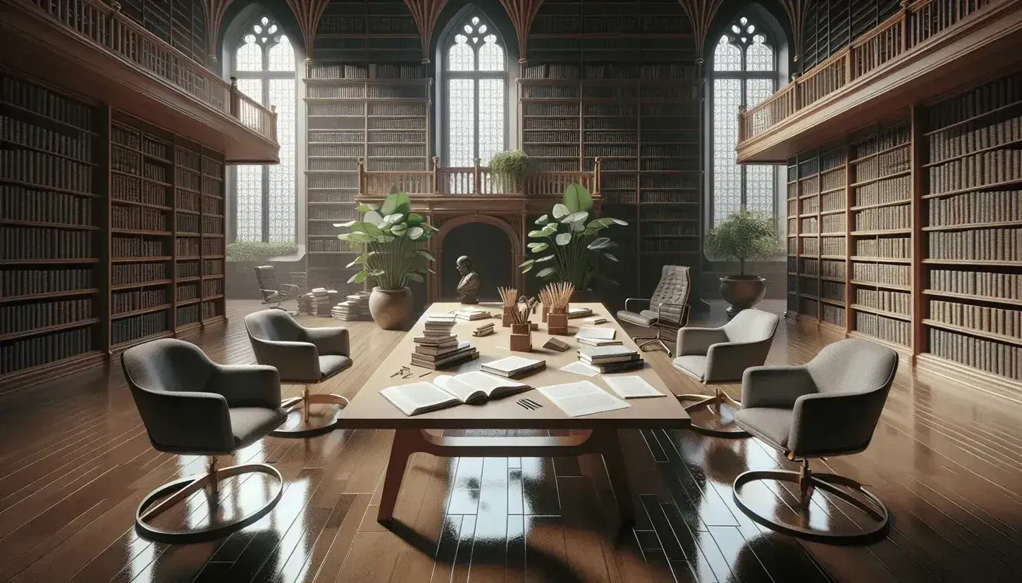 Biblioteca tranquilla con scrivania in legno chiaro, sedie ergonomiche grigie, libri aperti, fogli bianchi e pianta verde, luce naturale da grande finestra.