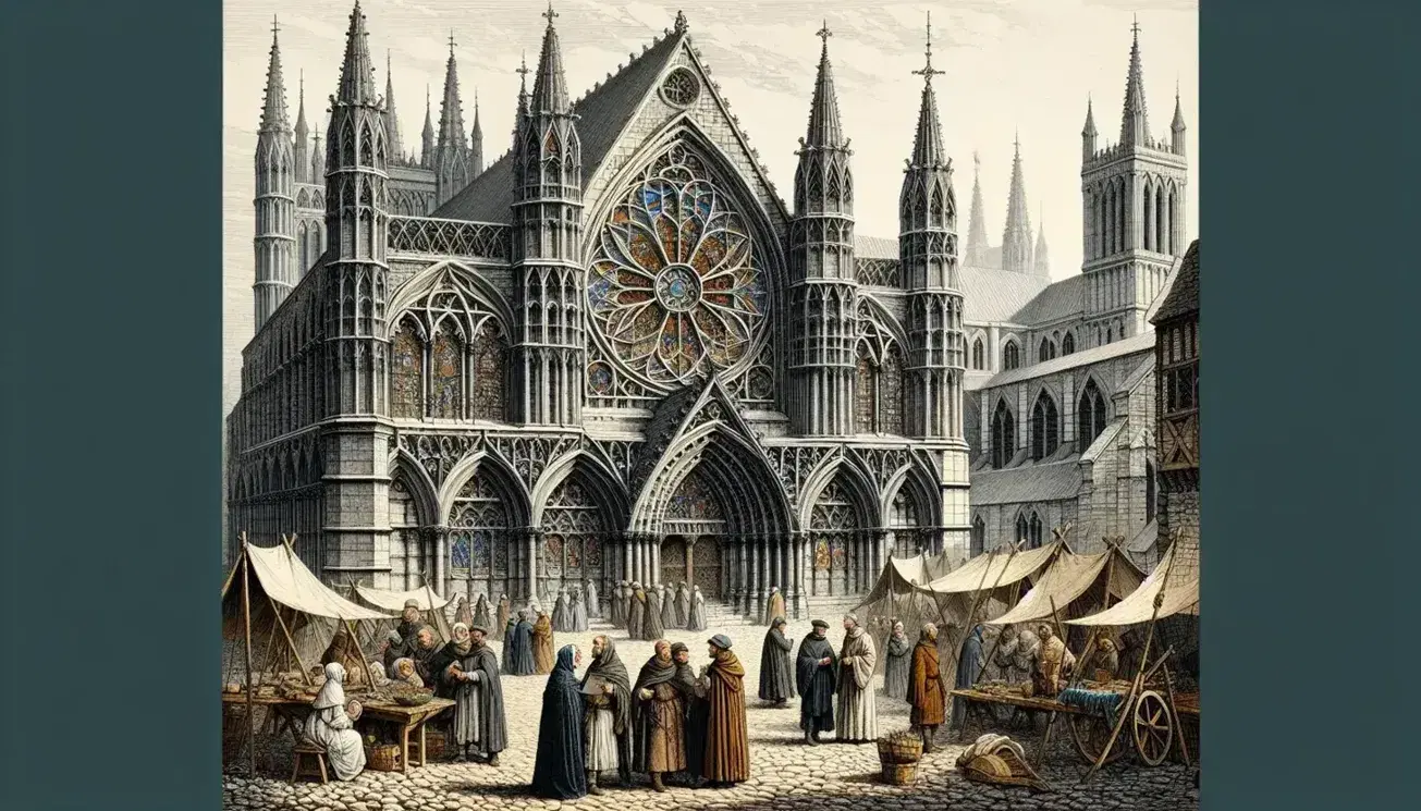 Gothic cathedral with pointed arches, flying buttresses and large rose window, paved square with merchants and scholars in medieval clothes.