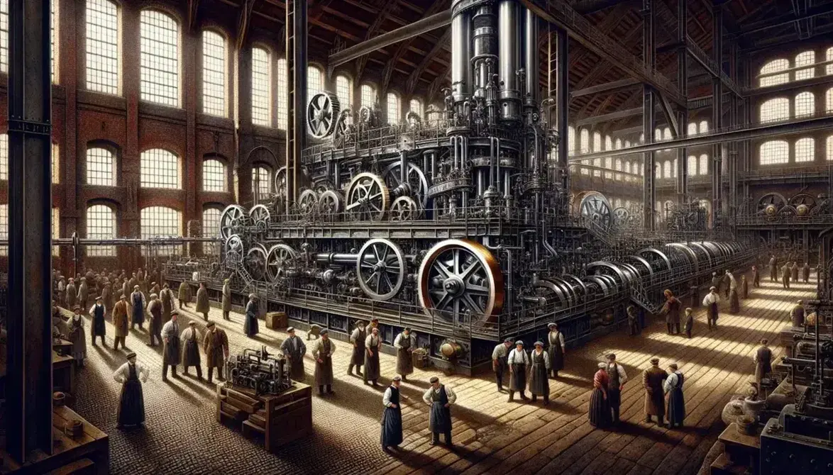 Scena di lavoratori in fabbrica dell'epoca industriale con macchina a vapore centrale, pareti in mattoni rossi e giochi di luce e ombre.