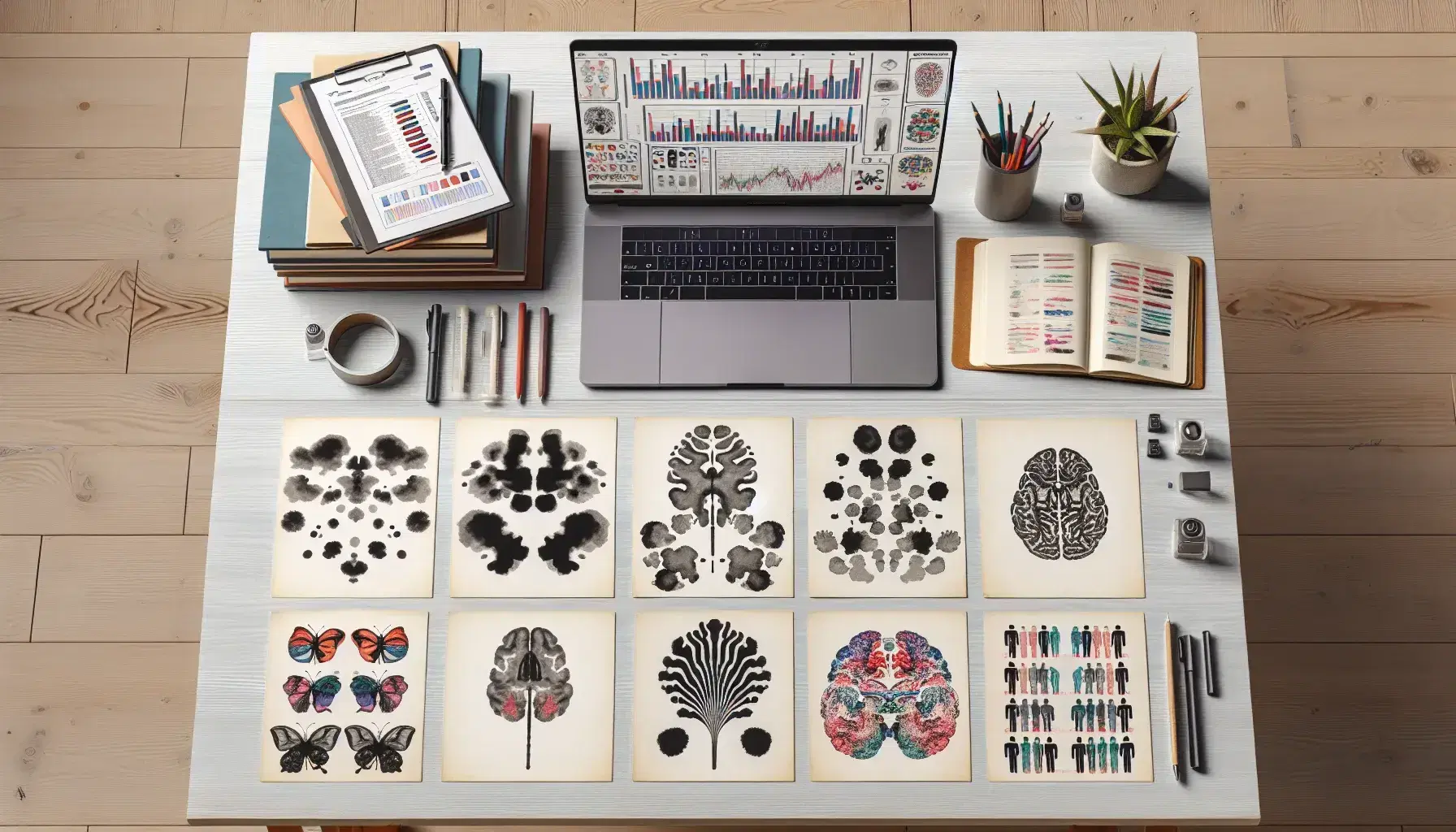 Scrivania in legno con strumenti psicologici: test di Rorschach, carte TAT, laptop con grafici, quaderno, penna e modello cerebrale colorato.