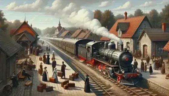 Locomotora de vapor antigua en estación con pasajeros en atuendos de época, plataforma de madera y edificio de ladrillos rojos, rodeada de naturaleza y un pueblo al fondo.