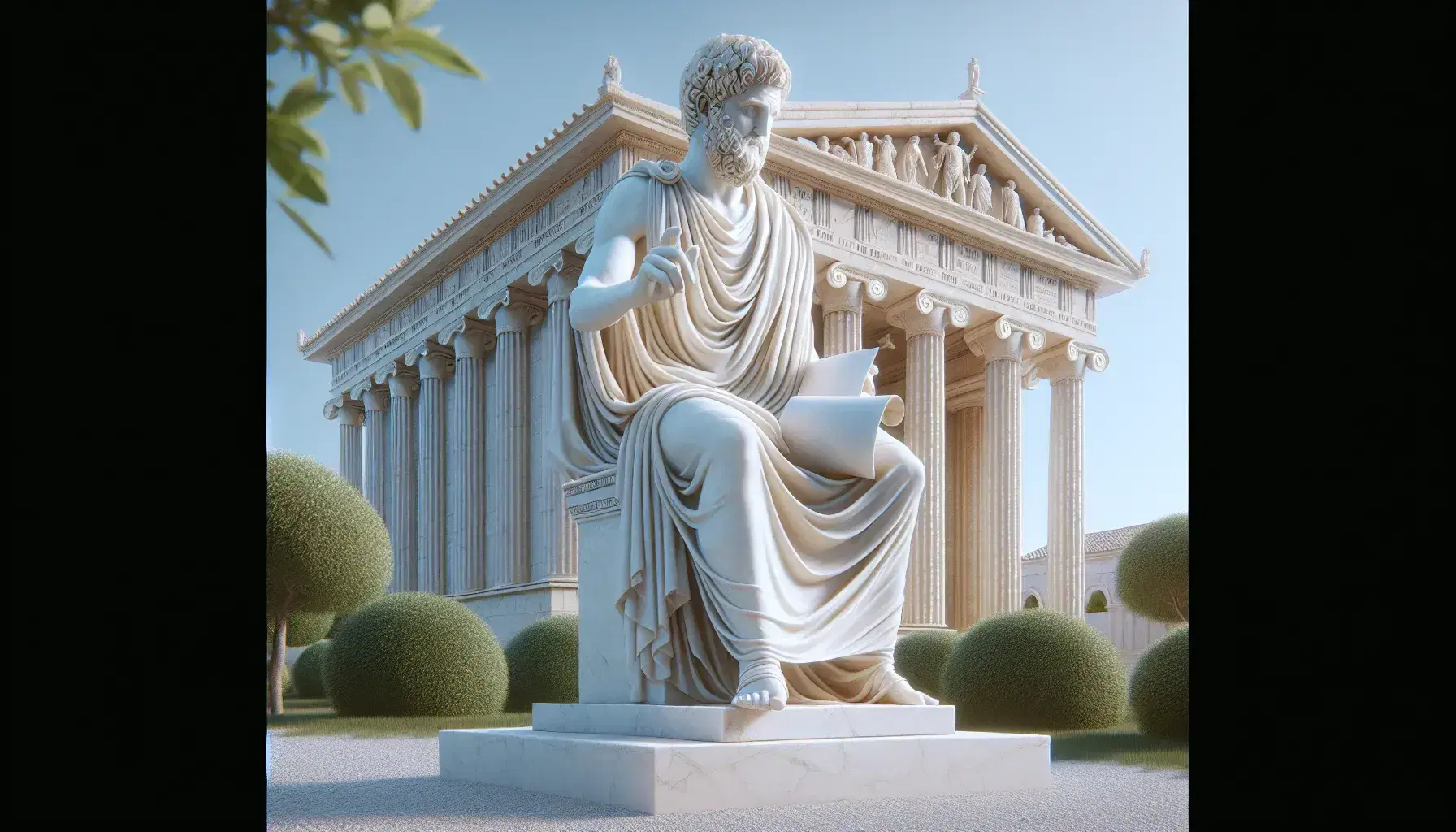Estatua de mármol blanco de filósofo de la era helenística con toga y papiro, ante edificio de arquitectura clásica y cielo despejado.