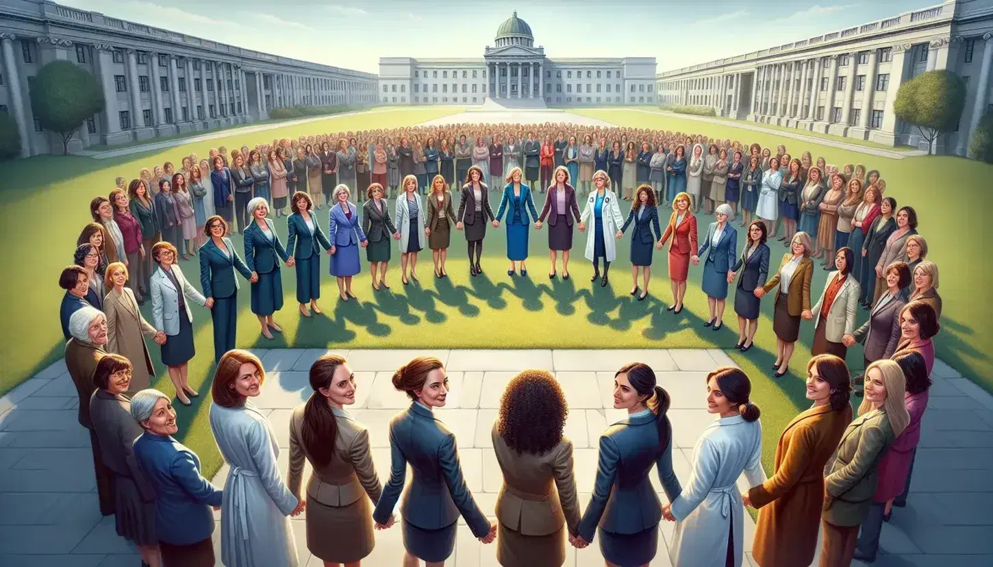 Gruppo di donne professioniste in cerchio con mani unite davanti a università simboleggiano unità e solidarietà sotto cielo sereno.