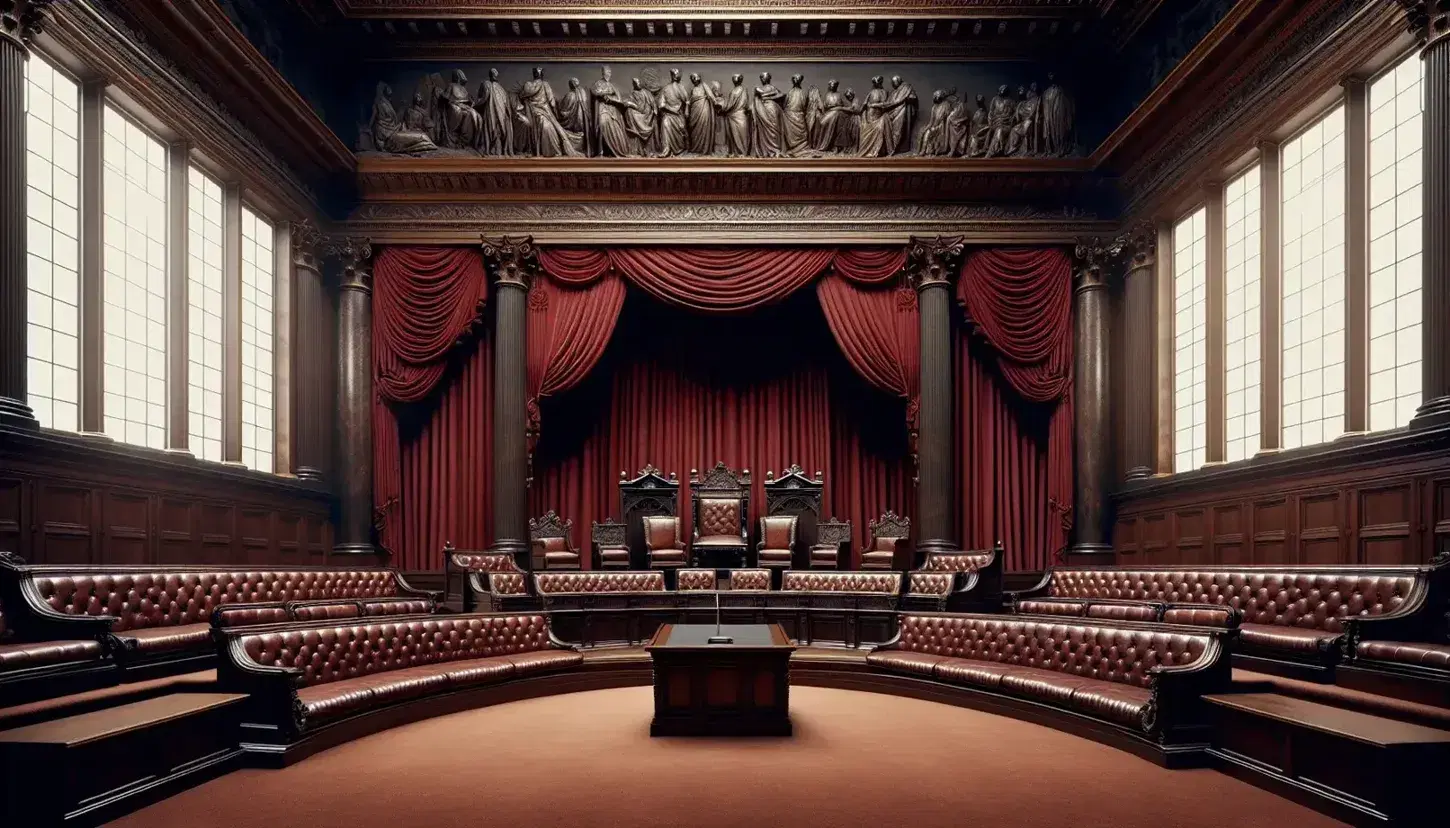 Neoclassical court chamber with elevated judges' bench, red drapery backdrop, wooden podium, patterned carpet, spectator seats, and crystal chandeliers.