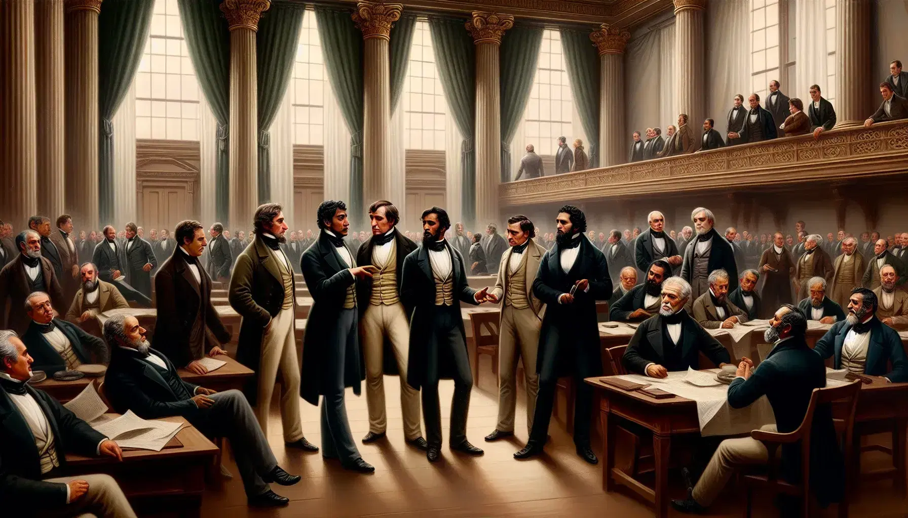 Mid-19th century political meeting in a grand hall with diverse men in period attire engaged in earnest discussion, bathed in soft natural light.