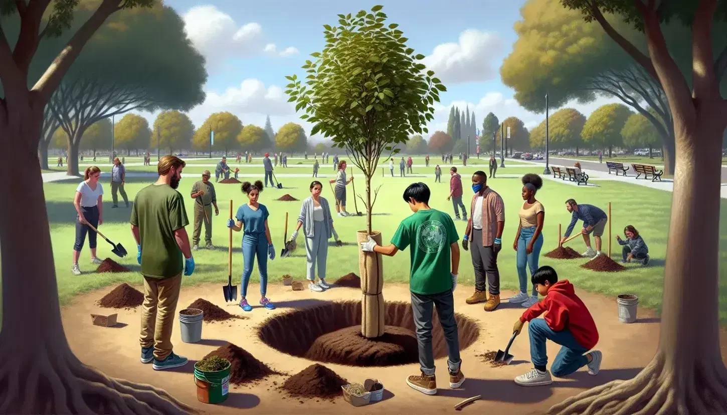 Diverse group participates in tree planting event at a park, with individuals engaged in stabilizing, soil filling, and preparing to water a young tree.