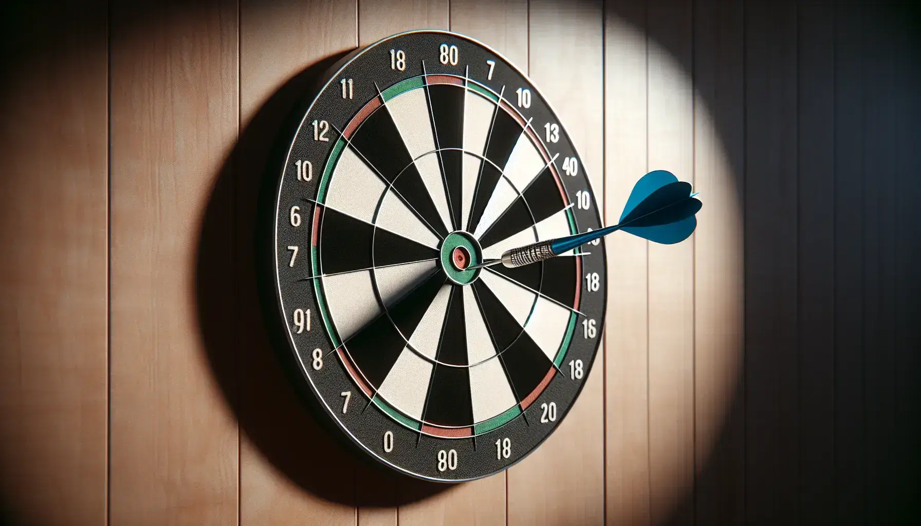 Dartboard with concentric scoring rings and a dart hitting the red bullseye, mounted on a wooden wall with visible grain and soft shadow.