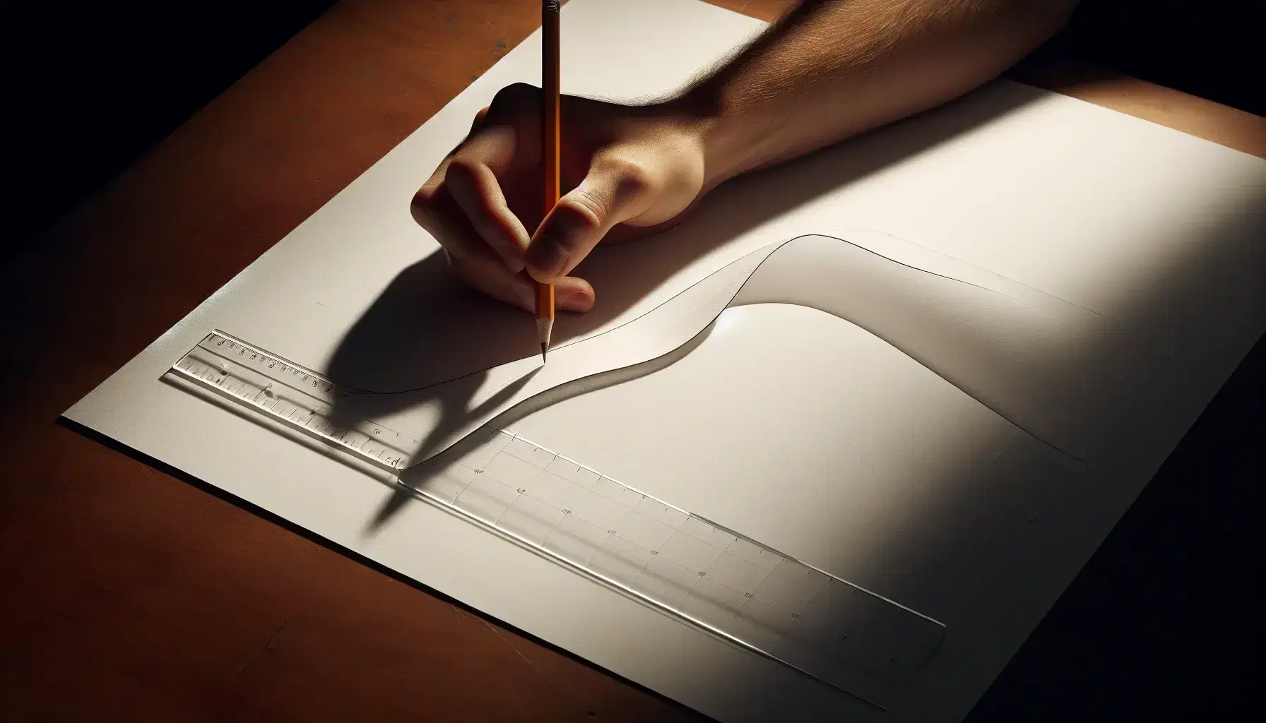 Hand drawing an ascending curve on white paper with transparent ruler and yellow pencil on wooden desk.