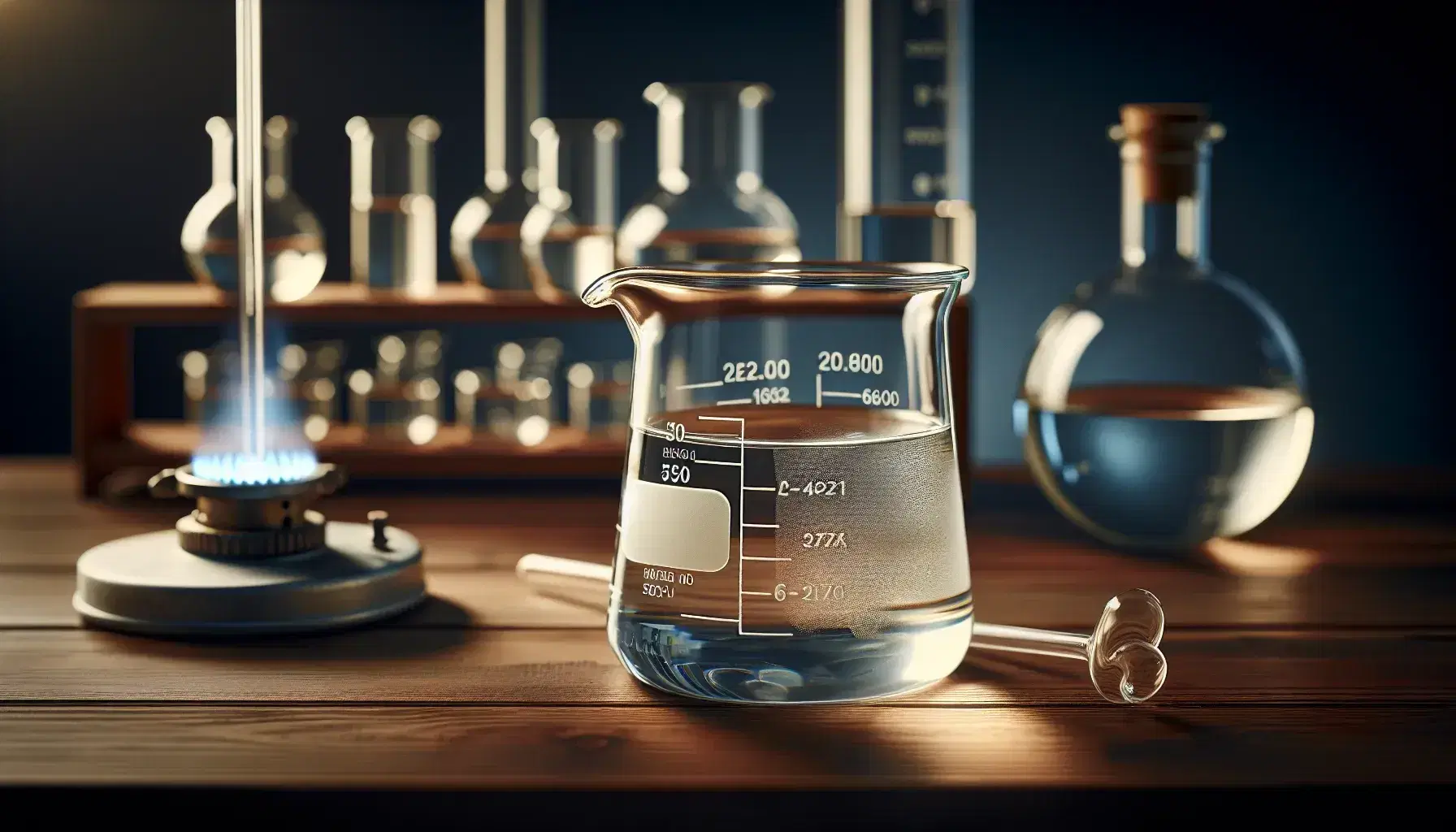 Transparent glass beaker with colorless liquid on wooden laboratory bench, lit Bunsen burner and stirring rod at side, background with capped bottles.