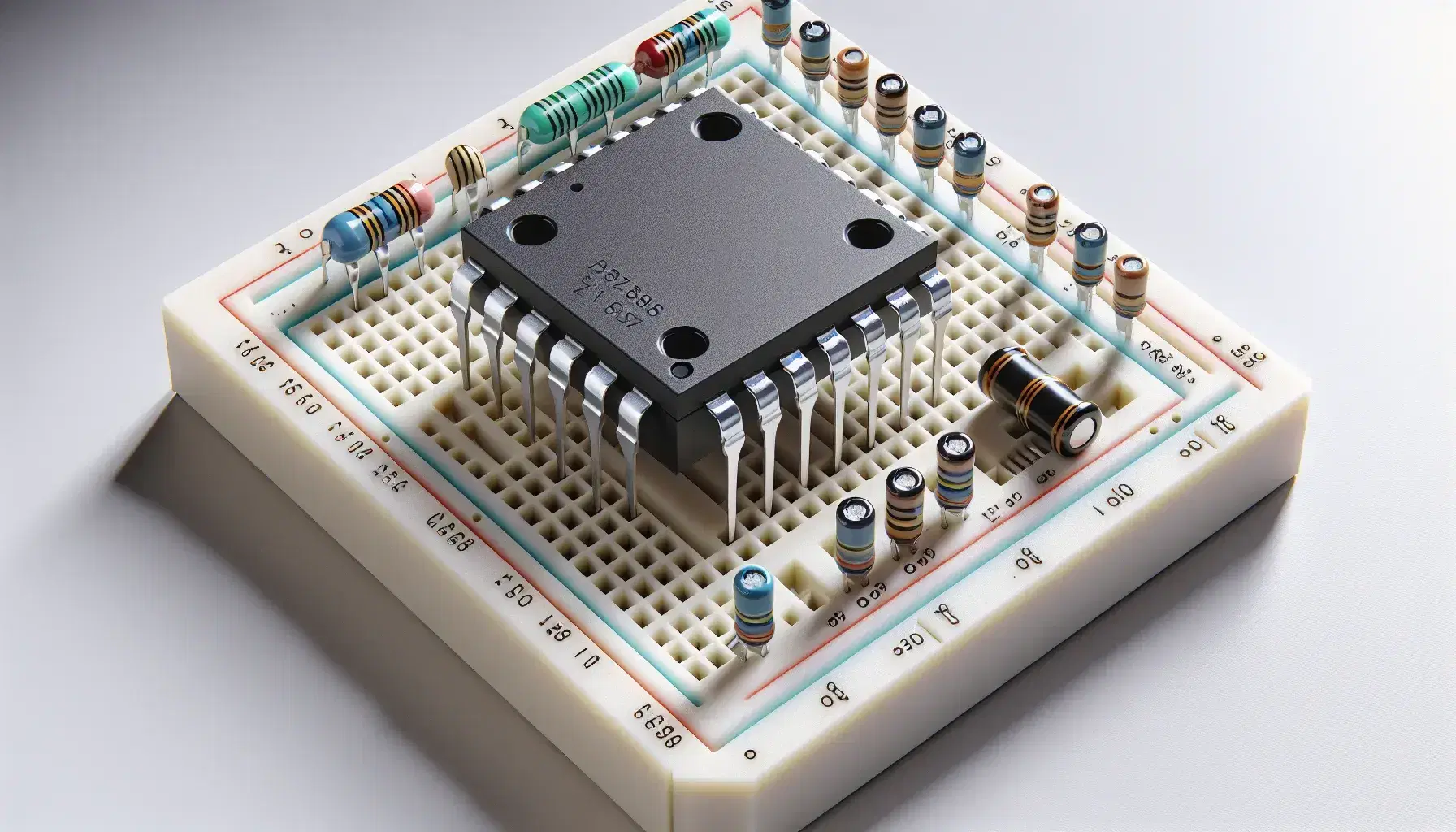 Close-up view of an operational amplifier IC with eight legs, surrounded by resistors, capacitors, and jumper wires on a breadboard, with an oscilloscope in the background.