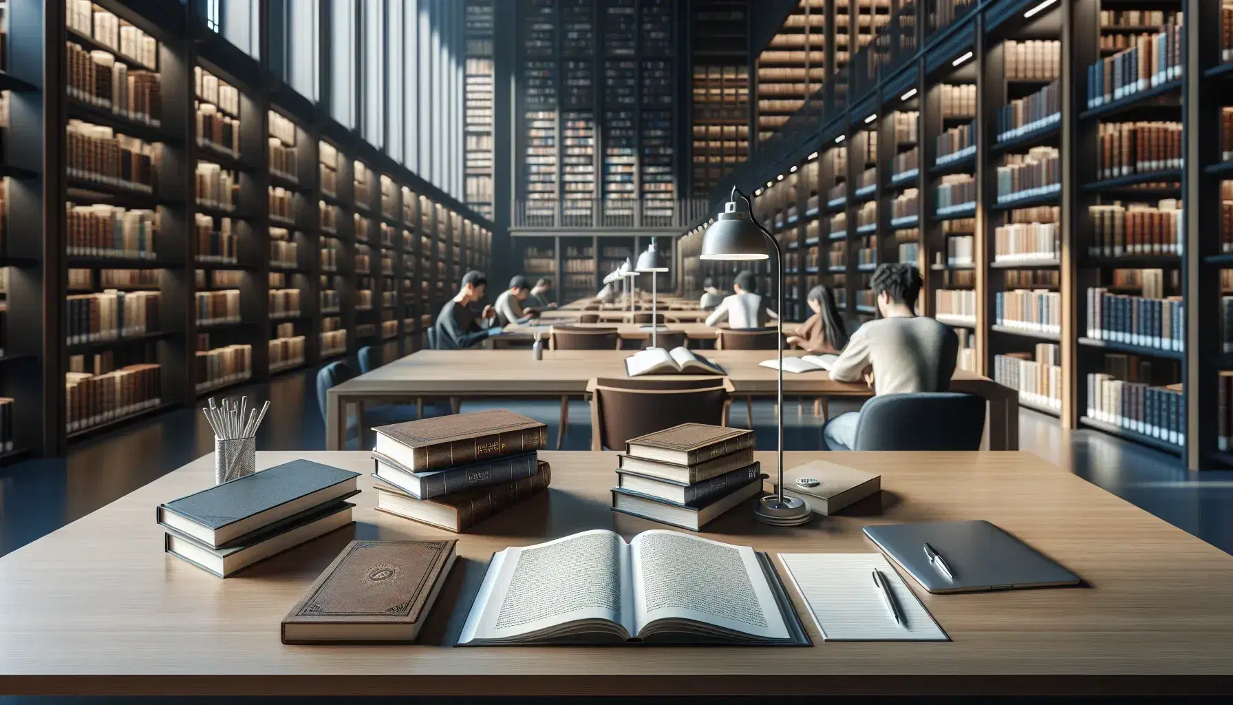 Biblioteca universitaria con estanterías de madera oscura llenas de libros, mesa de estudio con libros abiertos, laptop, cuaderno y bolígrafo, y dos estudiantes concentrados en sus estudios.