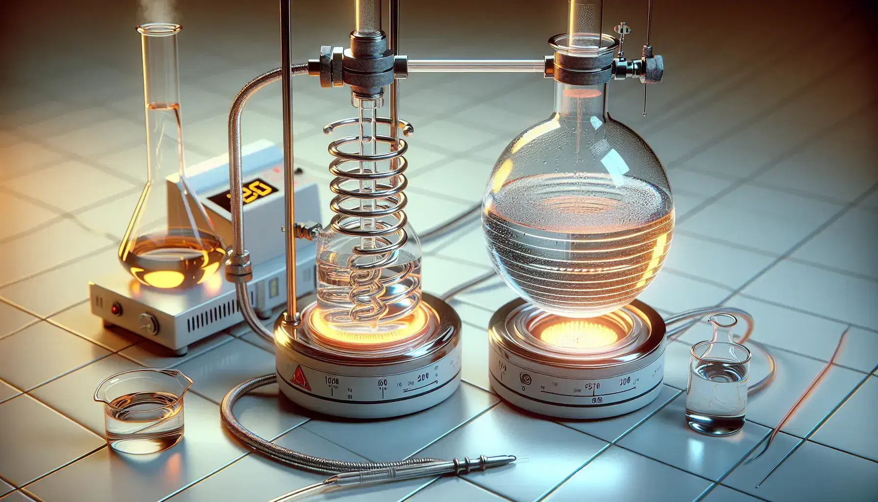 Laboratory with round bottom flask connected to reflux condenser, heated mantle turned on, beaker with yellow solid and digital thermometer.