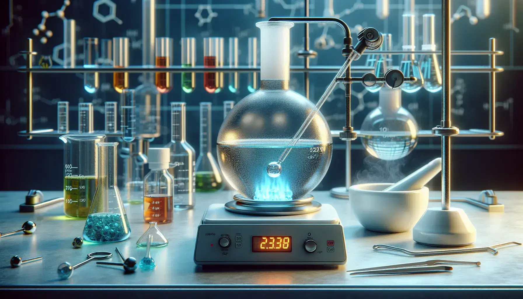 Laboratory with round bottom flask containing blue liquid on Bunsen burner, digital thermometer, mortar with green substance and colored test tubes.