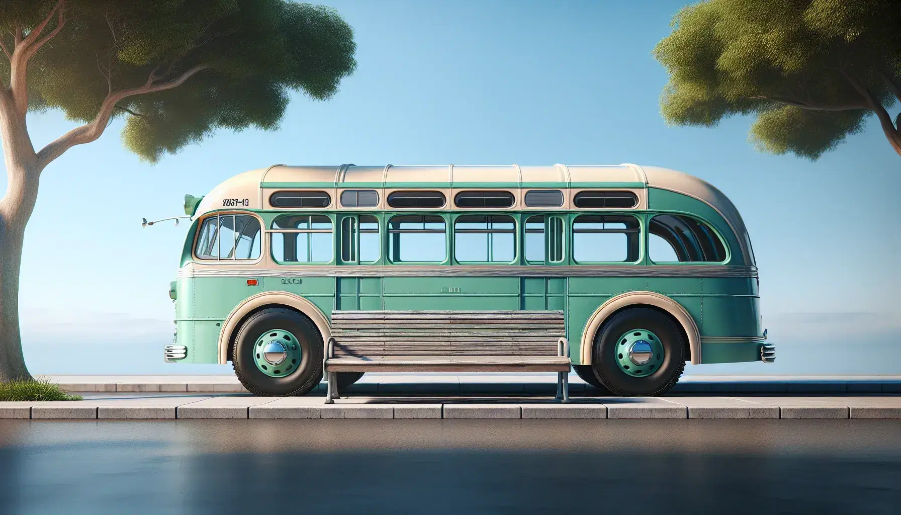 Vintage mint green and cream bus parked on asphalt road beside a weathered wooden bench under a clear blue sky, with a solitary tree nearby.