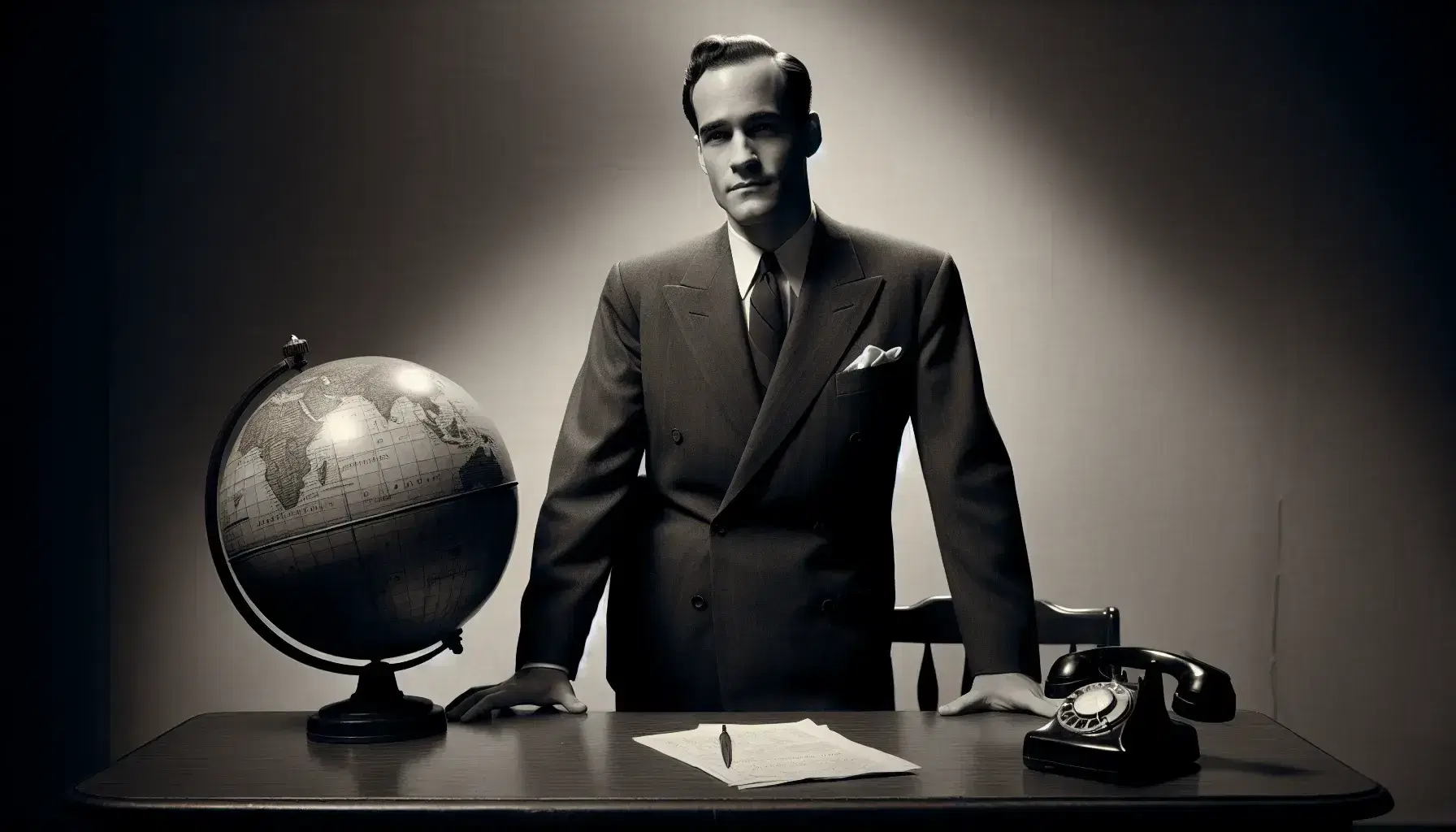 Middle-aged man in 1950s suit stands by desk with vintage telephone, globe, and papers, exuding a contemplative aura in a stark office setting.