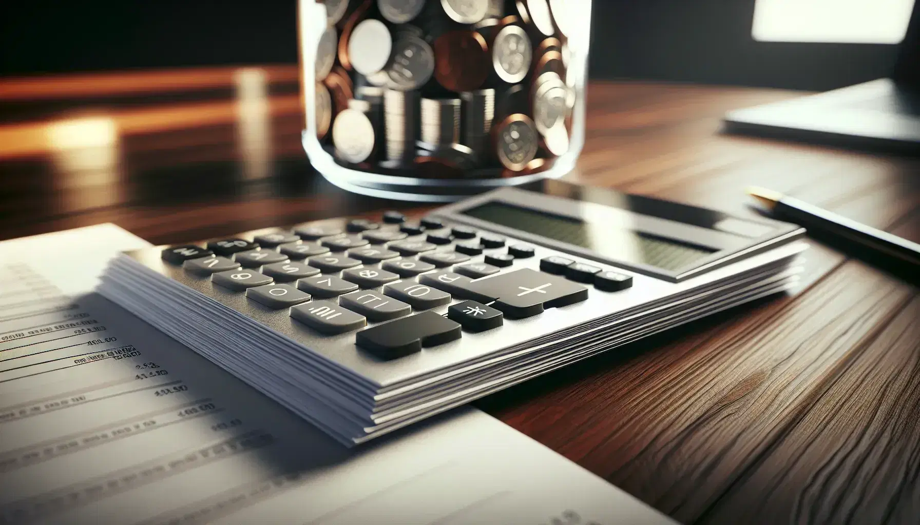Close-up view of a worn silver calculator on a polished wooden desk, with a stack of white papers and a jar of mixed coins in the background.