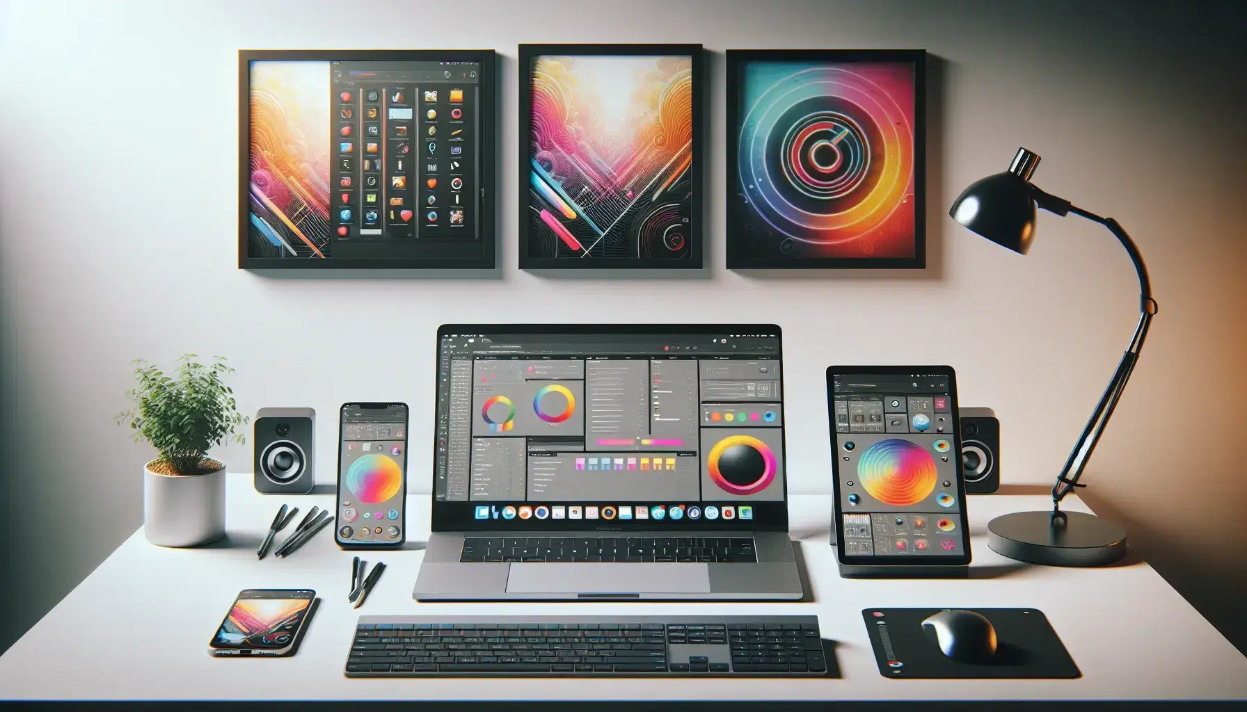 Espacio de trabajo moderno con portátil plateado, smartphone en soporte, tablet con stylus, teclado inalámbrico, ratón y planta, rodeado de altavoces y cuadros abstractos.