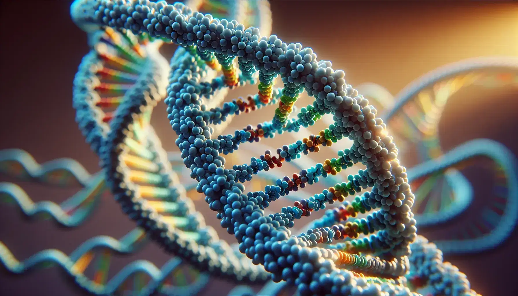 Estructura tridimensional detallada de una doble hélice de ADN con bases apareadas en colores y eslabones azules representando la cadena de azúcar-fosfato.