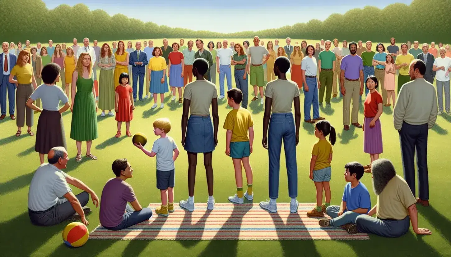 Multi-ethnic group of people in a park with blue sky, child plays with ball, adults converse and walk dog.