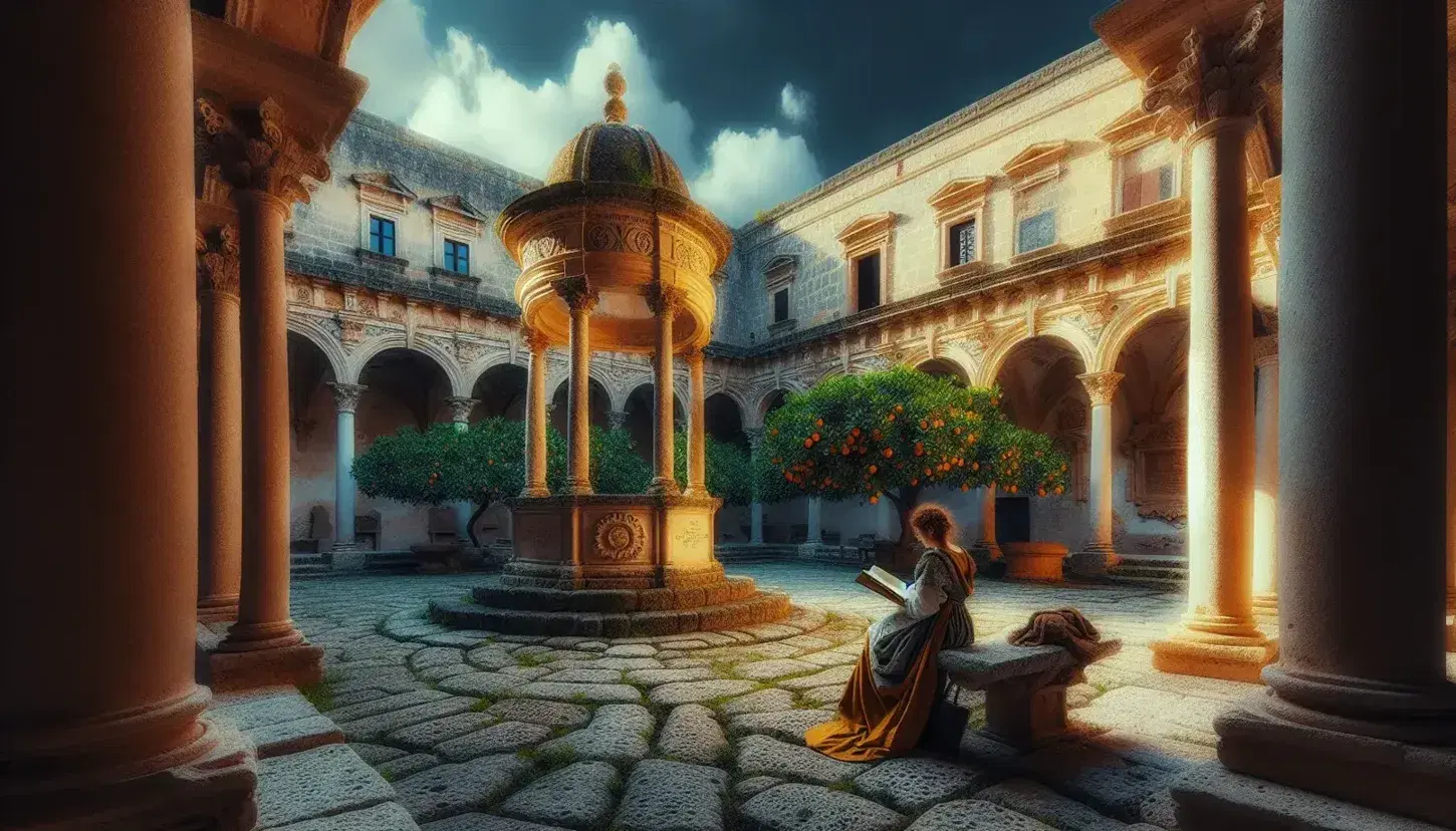 Cortile interno di un castello siciliano con archi in arenaria, pozzo medievale, alberi di agrumi e figura in abiti d'epoca che legge.