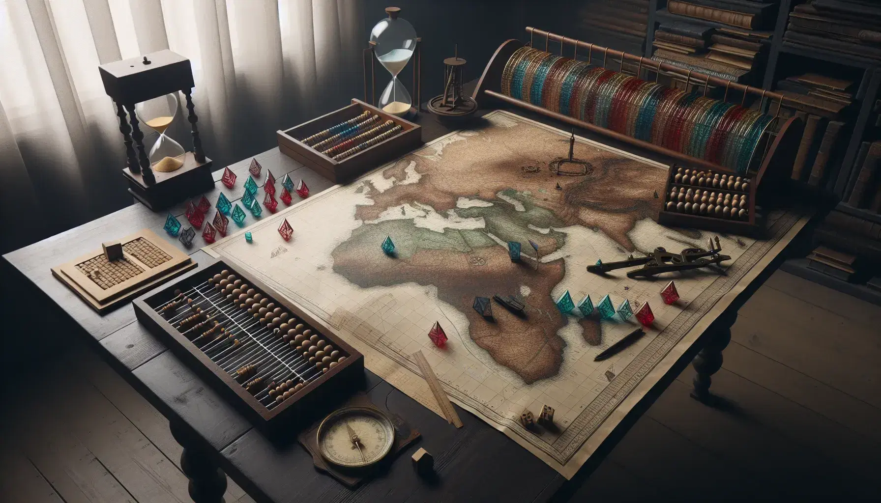 Mesa de madera oscura con mapa desplegado, figuras geométricas translúcidas, compás metálico, regla, ábaco colorido, reloj de arena y calculadora antigua.
