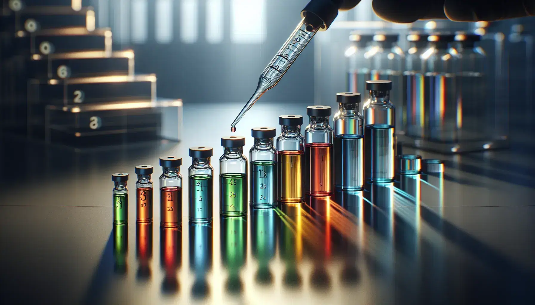 Frascos de vidrio con tapones de goma y líquidos de colores en gradiente, desde azul claro hasta rojo, en un laboratorio desenfocado, con pipeta extrayendo líquido del frasco rojo.