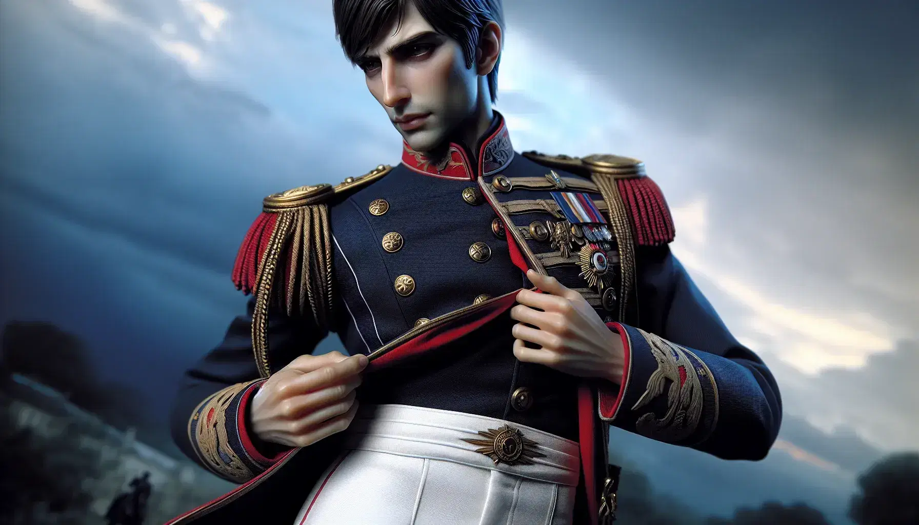 Uomo in uniforme militare blu scuro con dettagli rossi e bianchi, decorazioni dorate, pantaloni bianchi e stivali neri, in posa riflessiva.