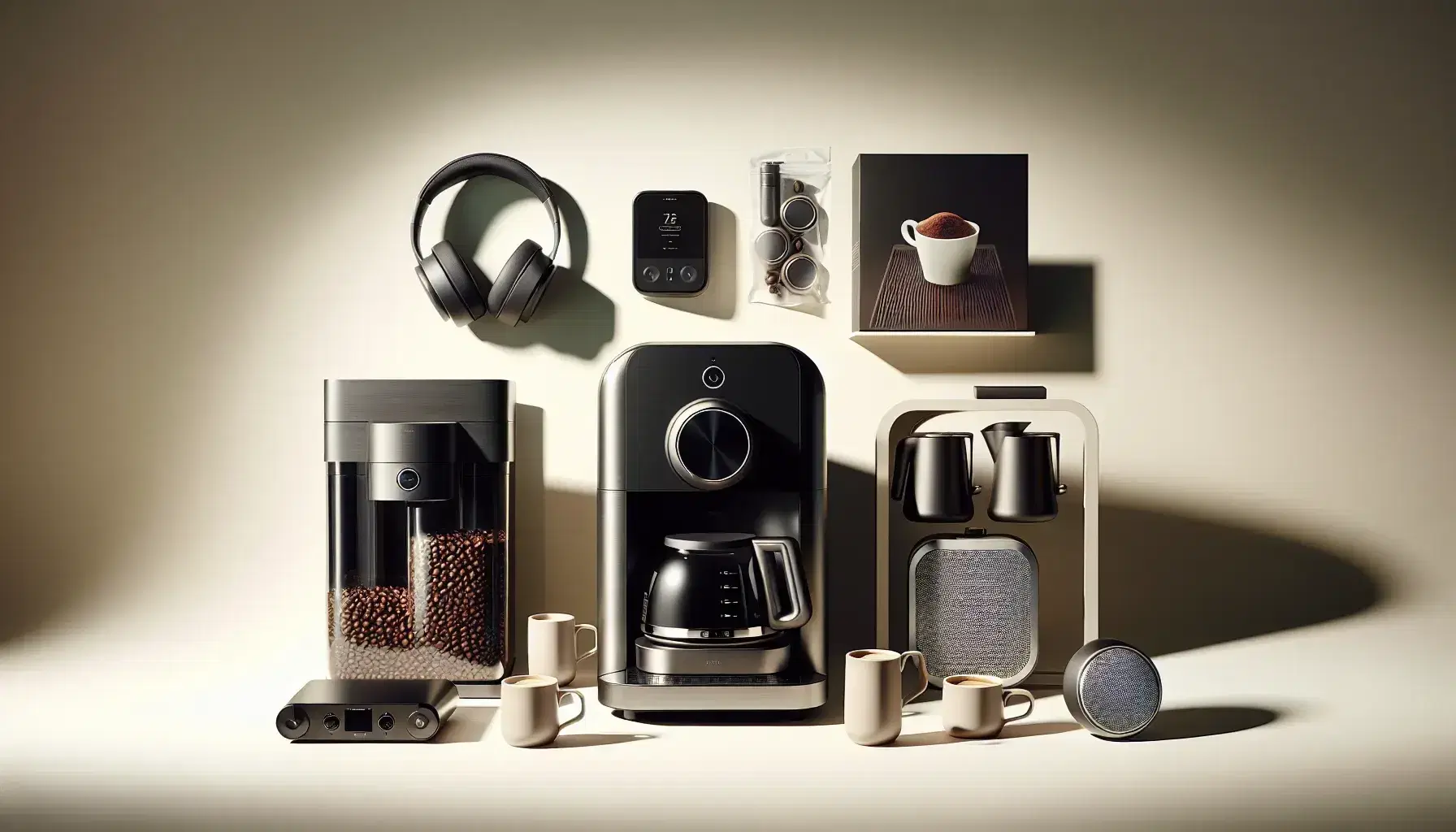 Modern black coffee machine with silver accents, set of four clear glass mugs, premium dark roasted coffee beans, white wireless headphones, and a metallic digital music player.