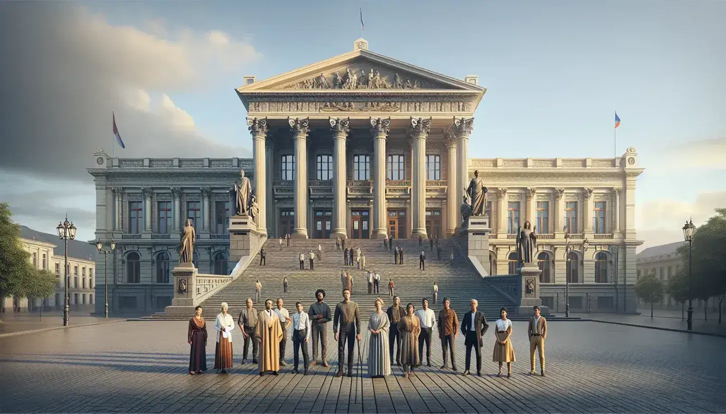 Grupo diverso de personas frente a edificio histórico con columnas de piedra, escalinatas y decoración clásica europea bajo cielo azul con nubes dispersas.