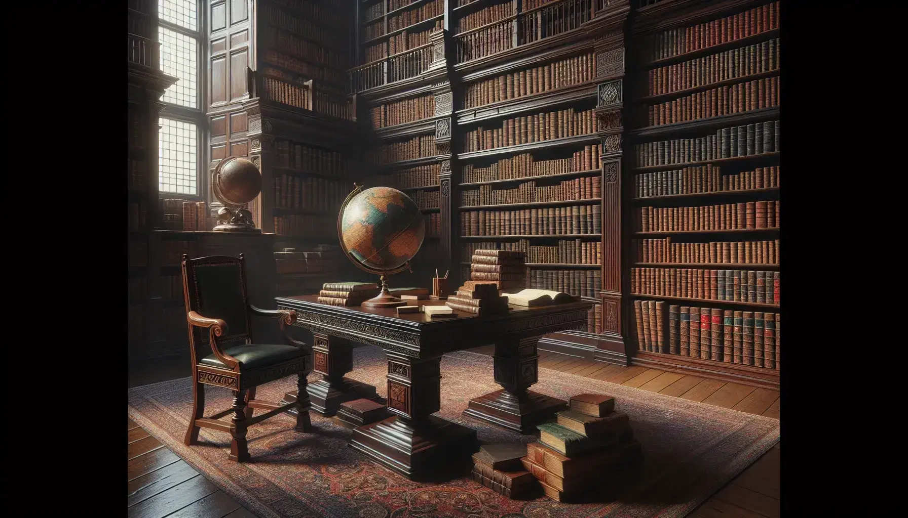 Biblioteca antigua con estanterías de madera oscura llenas de libros encuadernados en cuero, mesa central con libros abiertos, globo antiguo y silla con cojín de terciopelo verde.