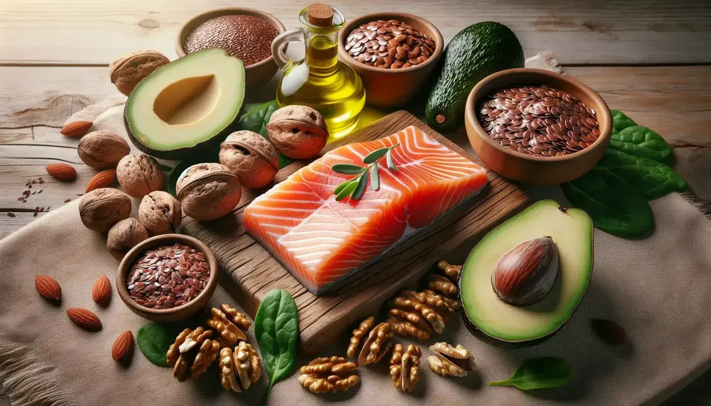 Filete de salmón rosado rodeado de nueces, almendras, semillas de lino, hojas verdes, rodajas de aguacate, aceitunas y aceite de oliva en superficie de madera.
