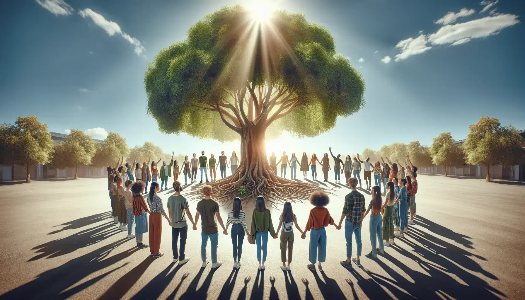 Grupo diverso de personas en círculo alrededor de un árbol frondoso con raíces visibles, expresando conexión con la naturaleza bajo un cielo despejado.