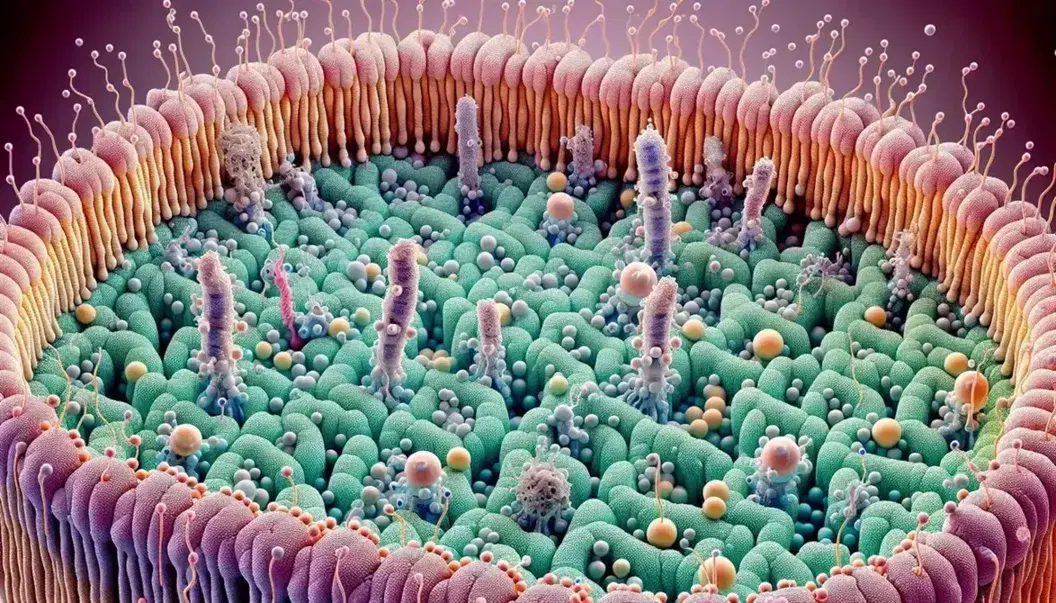 Vista microscópica de membrana celular con bicapa lipídica, fosfolípidos ordenados, colesterol y proteínas incrustadas en tonos pastel.