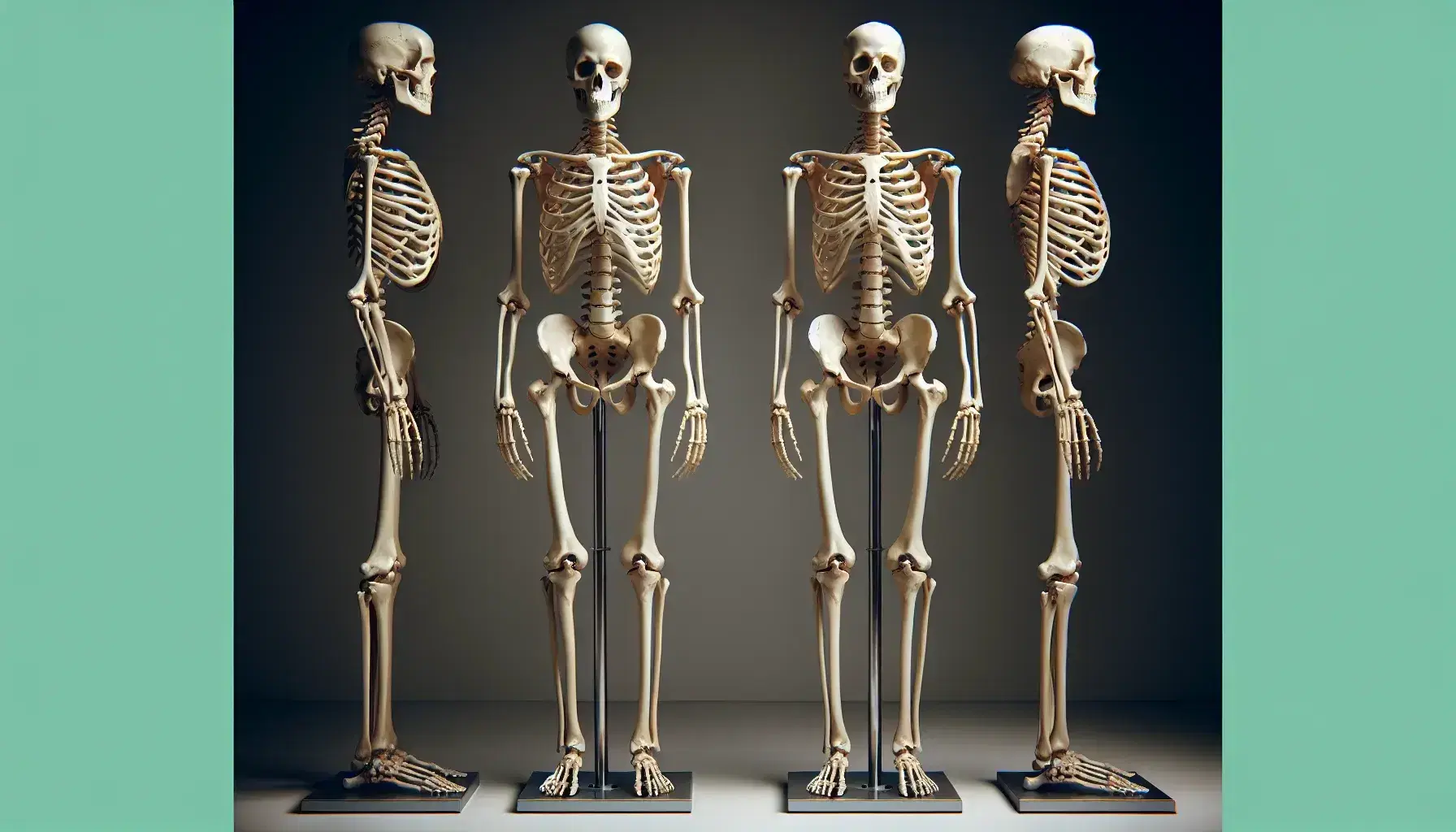 Esqueleto humano completo montado verticalmente en soporte metálico, con brazos extendidos y palmas hacia adelante, mostrando la estructura ósea detallada y articulaciones visibles.