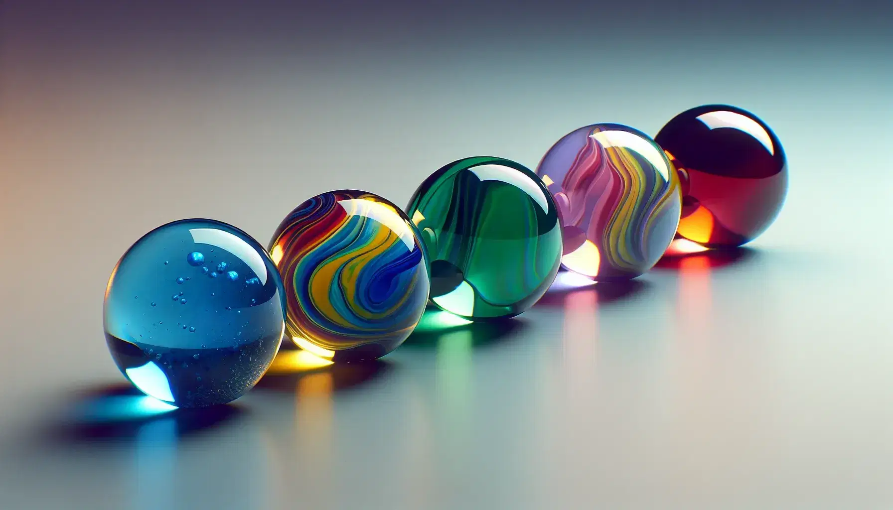 Five colored glass marbles represent personality traits: deep blue, bright red, vivid green, golden yellow and rich purple on a light gray background.