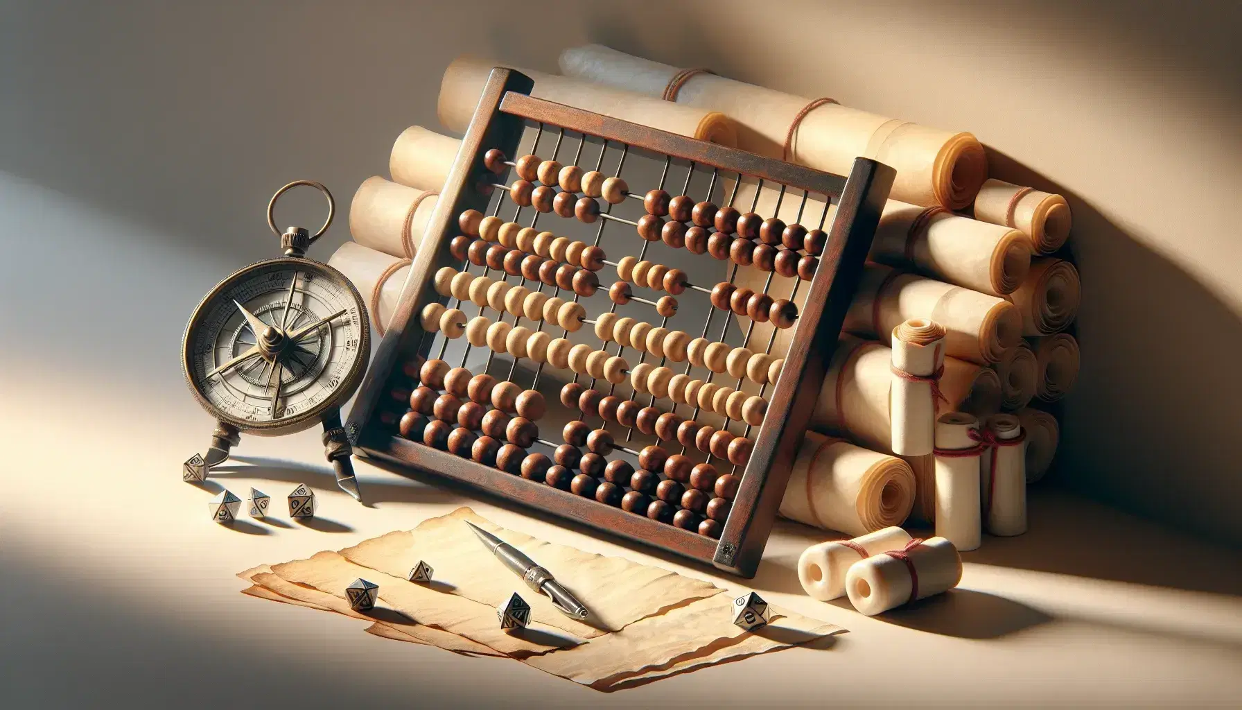 Ábaco antiguo de madera con cuentas marrones, compás metálico abierto y dados blancos con puntos negros junto a pergaminos atados con cintas rojas sobre superficie clara.