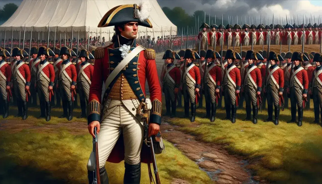 18th-century British Army officer in red coat and tricorne hat with soldiers in formation, clear blue sky, and canvas tent in the background.